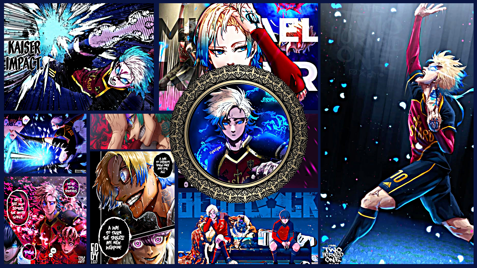 Mashed Together some Colored Panels and Picture to make Wallpaper ( Kaiser, Rin, and Bachira)