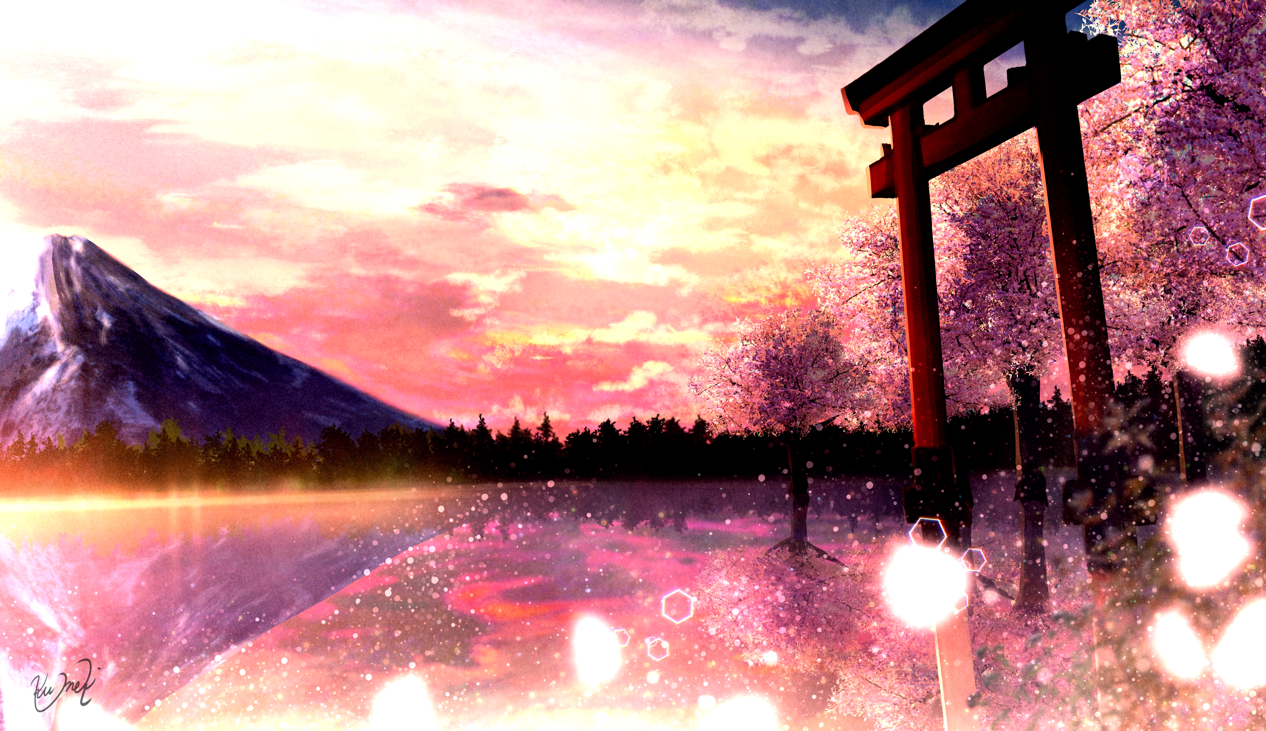 Download Mountain Cherry Blossom Anime Shrine 4k Ultra HD Wallpaper by クメキ