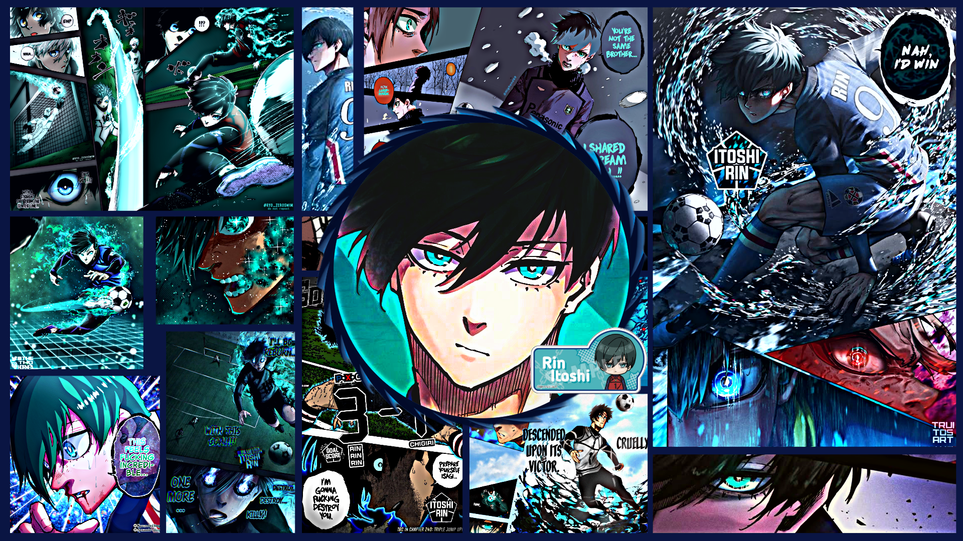 Mashed Together some Colored Panels and Picture to make Wallpaper (Kaiser, Rin, and Bachira)