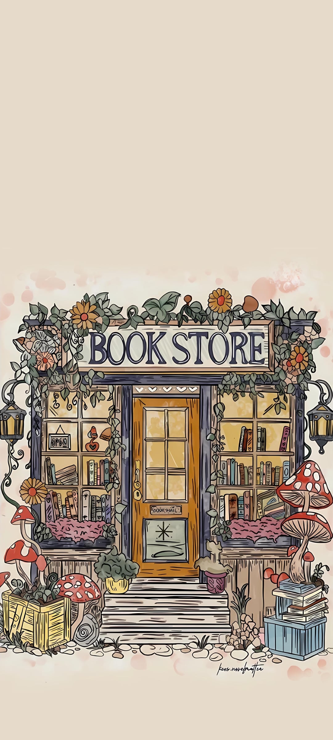 Bookstore, whimsical art, DEPTH EFFECT, phone wallpaper [2250x5000] [20:9]