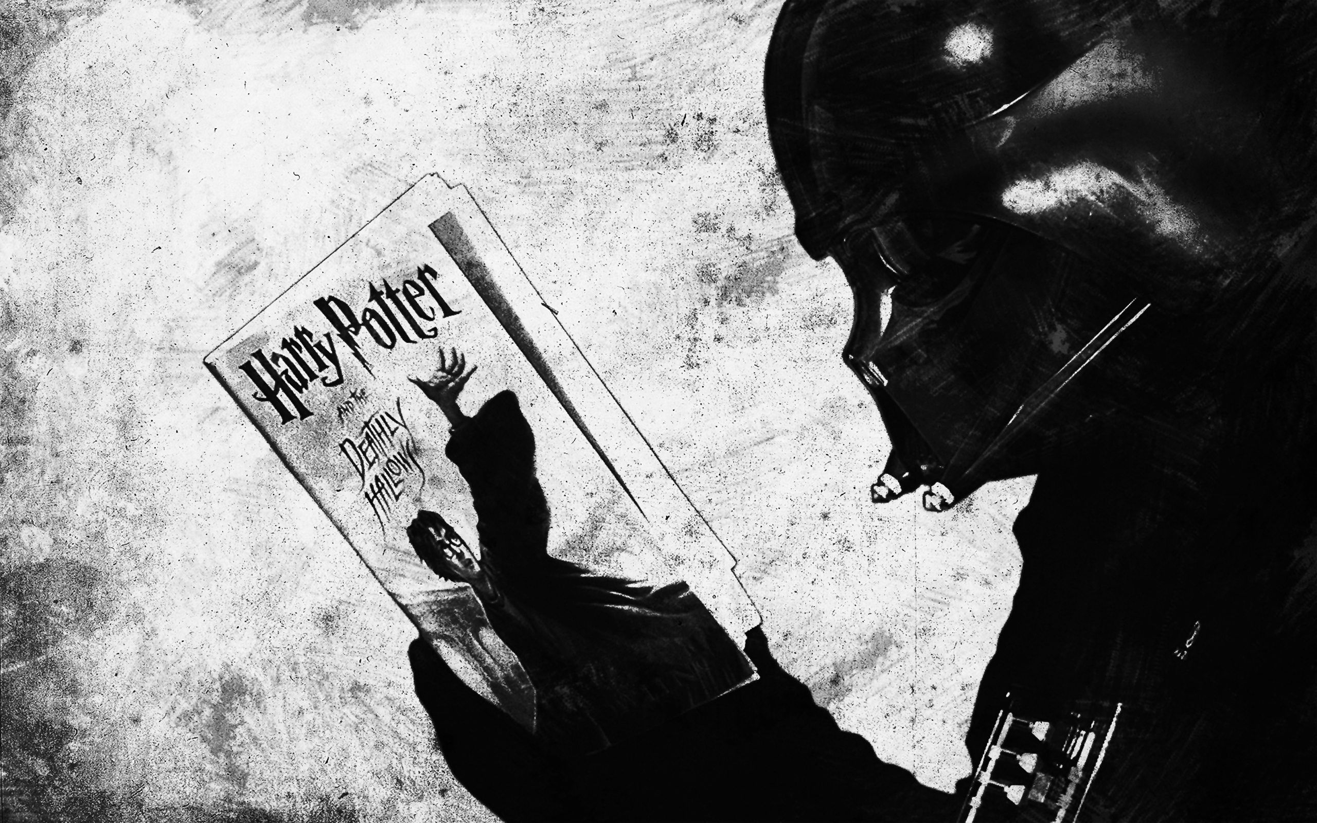 Black and white desktop wallpaper: Darth Vader reading Harry Potter black and white illustration