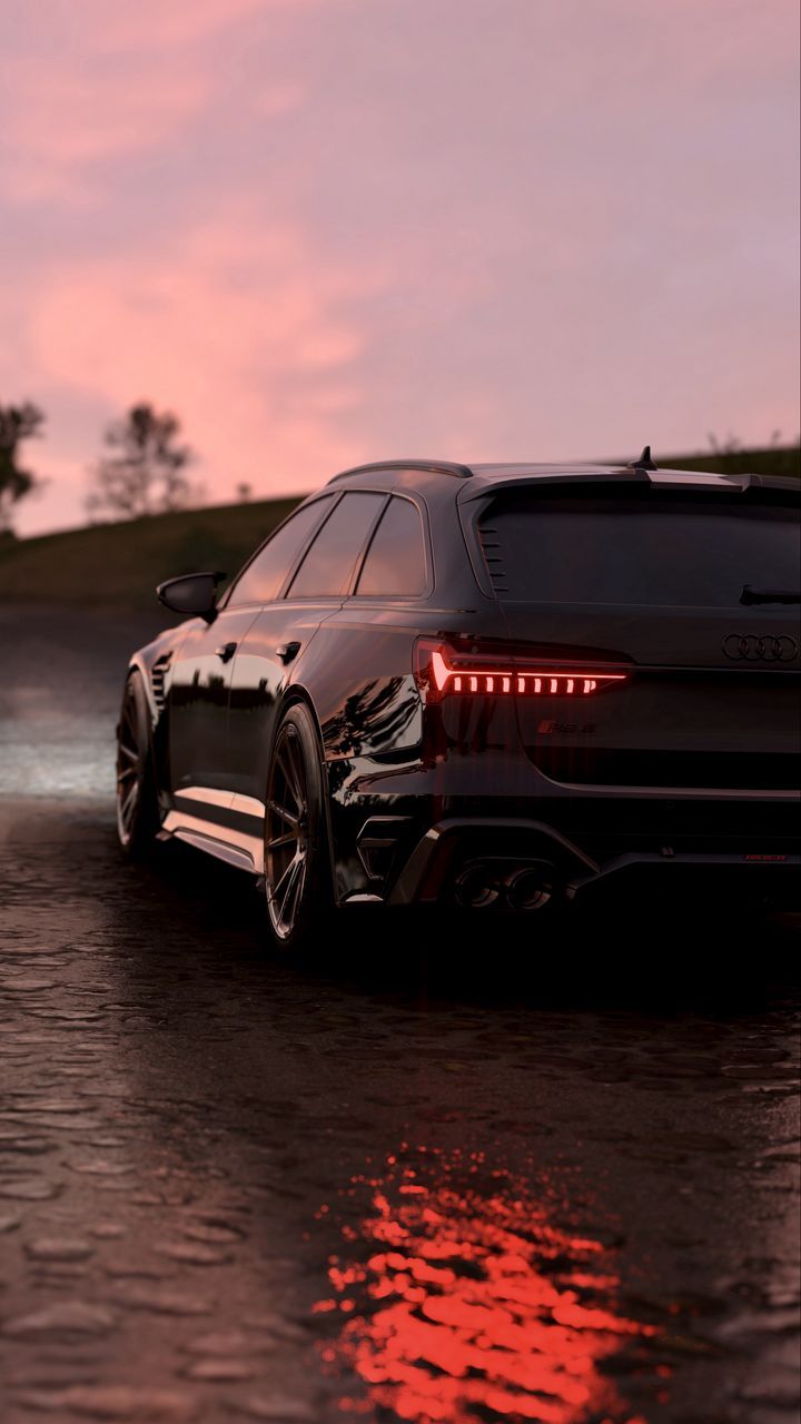 free wallpaper 4K audi rs, car, black, road, sunset, evening, nature for mobile and desktop