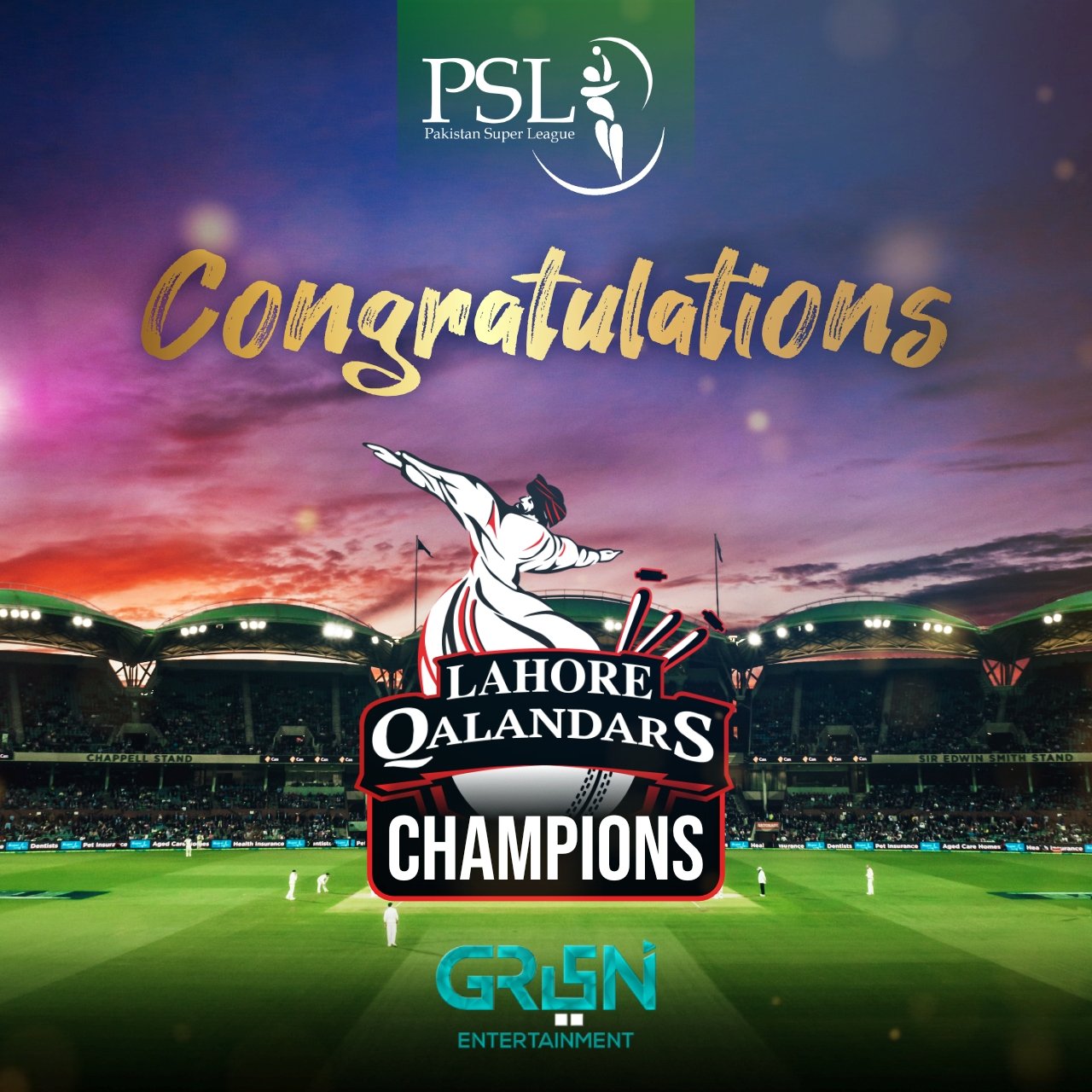 Green TV Entertainment to Lahore Qalandars on winning the #PSLFinal and becoming the champions of Pakistan Super League!