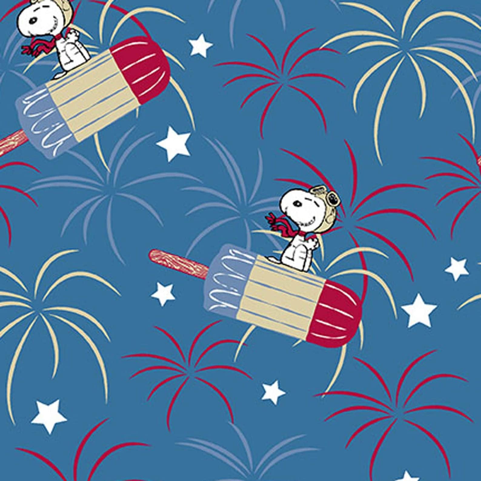 Snoopy Patriotic Popsicle on blue, Peanuts Cotton Fabric, Yard