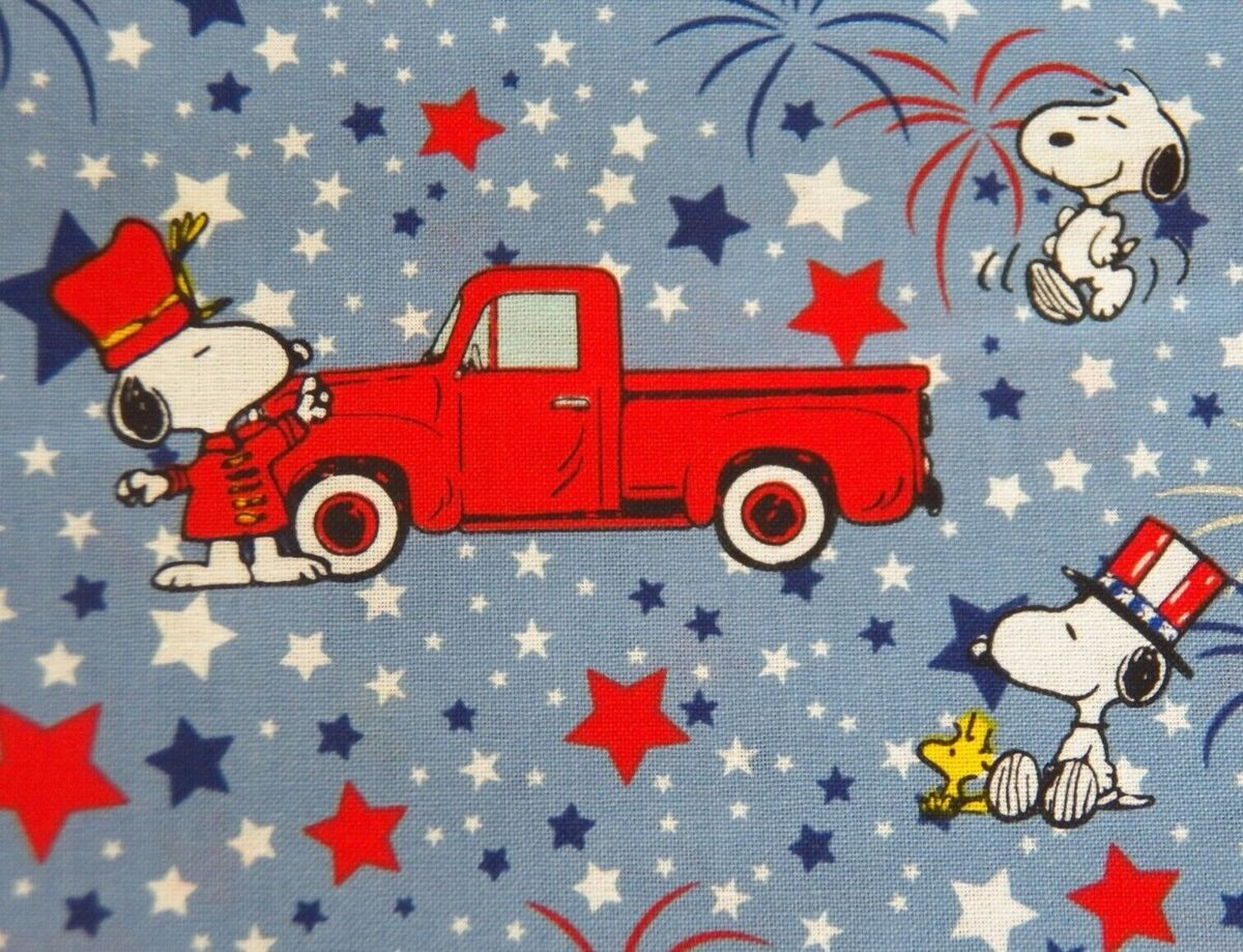 Snoopy with Woodstock Patriotic Fabric with Red Pickup Trucks, Fireworks, Cotton
