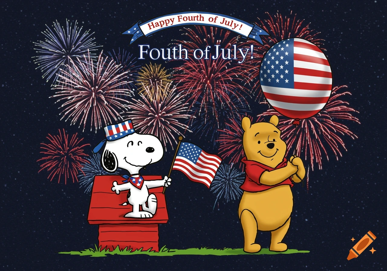 Cartoon Snoopy and Winnie the Pooh celebrating Fourth of July with fireworks and flags. on Craiyon