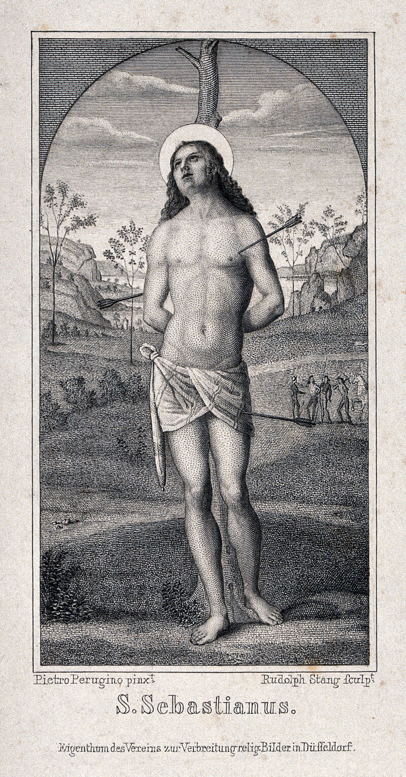 Martyrdom of Saint Sebastian. Engraving by R. Stang after P. Vannucci, il Perugino