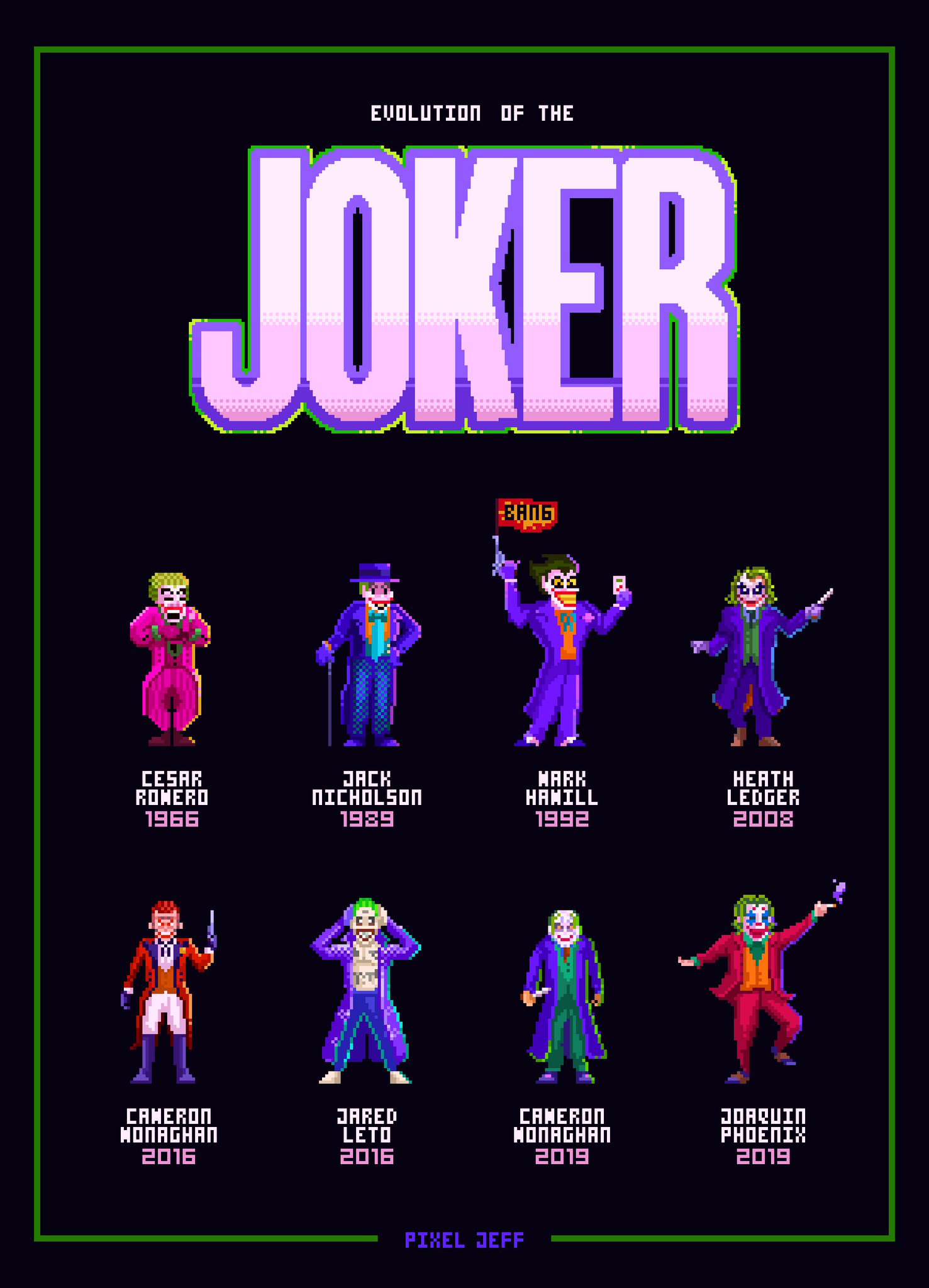 Pixel Jeff على X: Evolution of the Joker Who's your favorite Clown Prince of Crime? #pixel #pixeljeff #pixelart #pixelartist bit bitart bitartist #retro #fanart #DCComics #Joker #JokerMovie #jacknicholson #MarkHamill