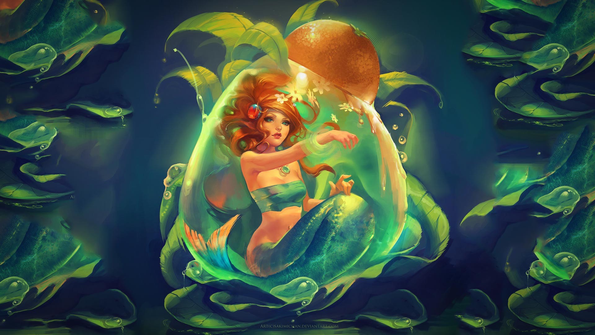 Enchanting Underwater Fantasy: HD Wallpaper of a Mermaid in Magic Leaves