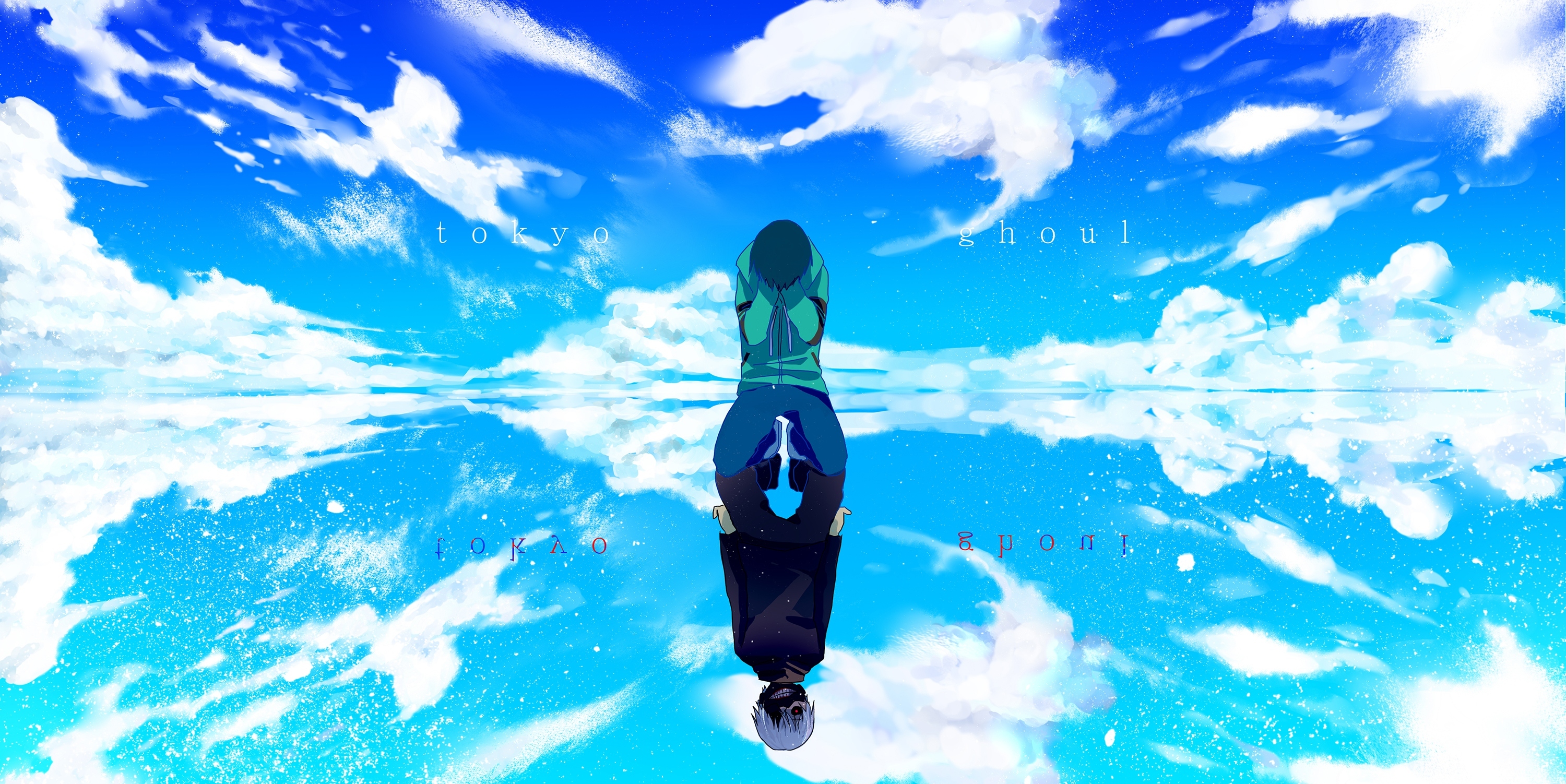Wallpaper the sky, water, clouds, reflection, anime, art, guy, tokyo ghoul for mobile and desktop, section сэйнэн, resolution 3000x1502