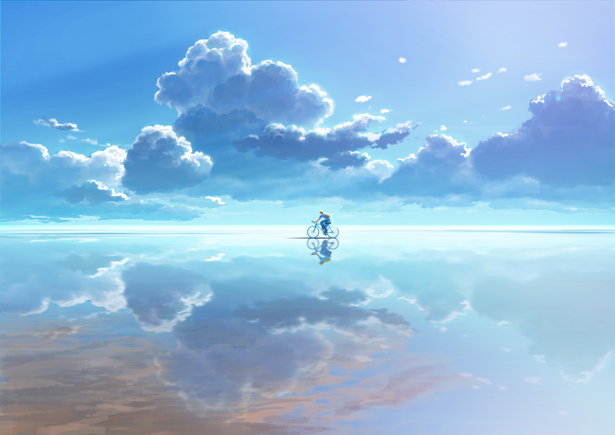 Serenity Ride: HD Wallpaper of Clouds and Reflection in Anime Sky