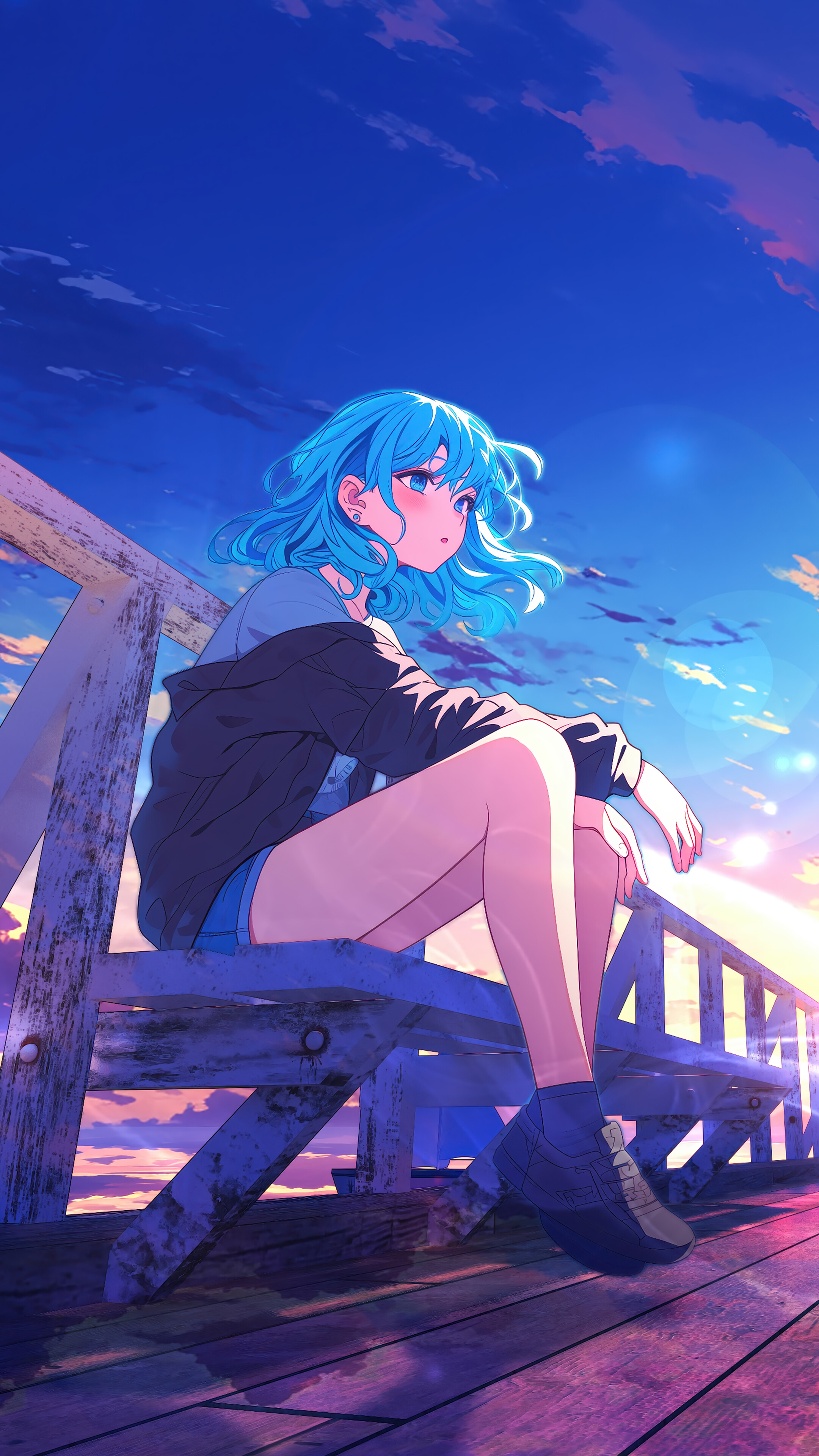 Anime Girl Blue Hair Sunrise 4K Wallpaper iPhone HD Phone b