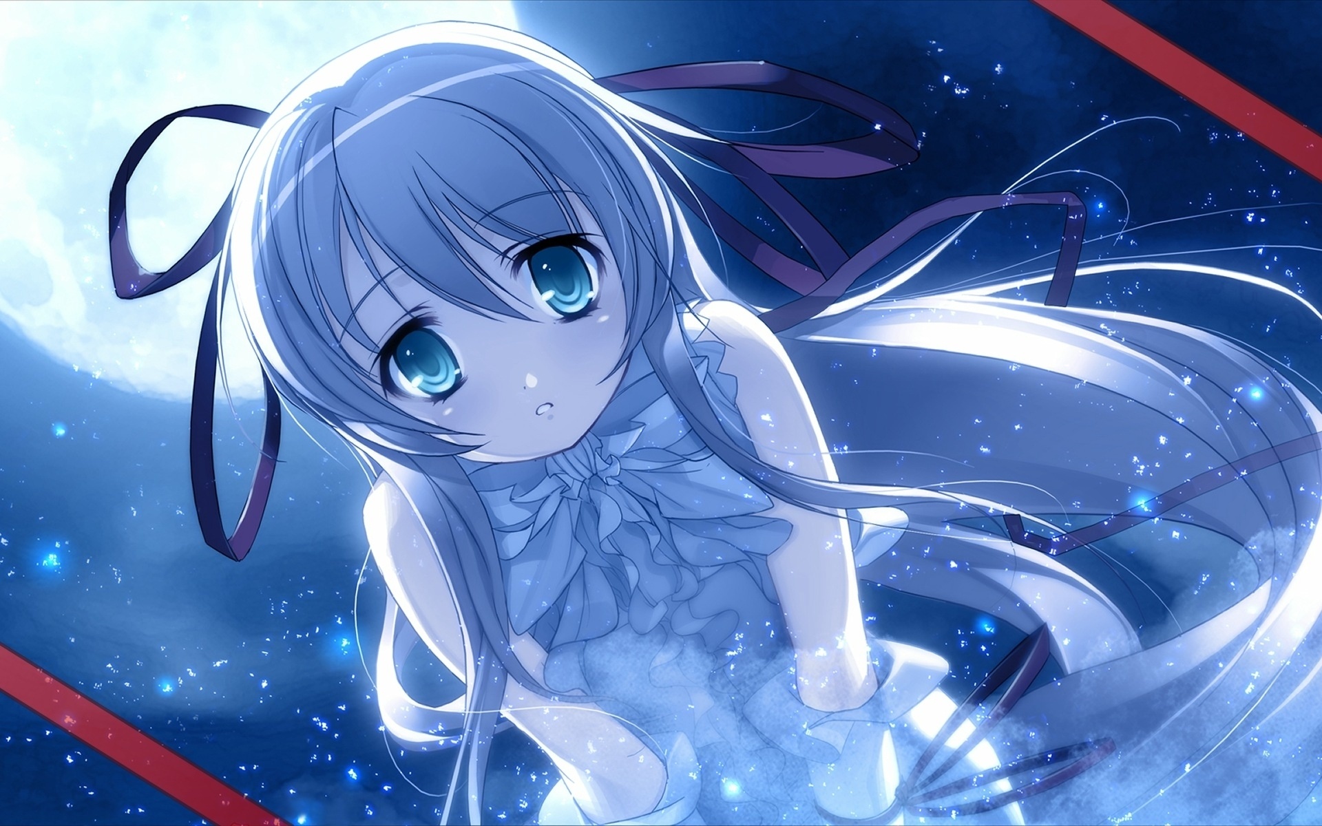 Wallpaper look, night, the moon, anime, girl, blue color scheme for mobile and desktop, section аниме, resolution 1920x1200