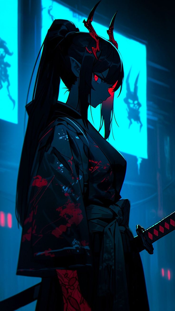 Wallpaper girl, demon, horns, kimono, dark, art, Black 4K by LeIsT0. Download wallpaper girl, demon, horns, kimono, dark, art for free