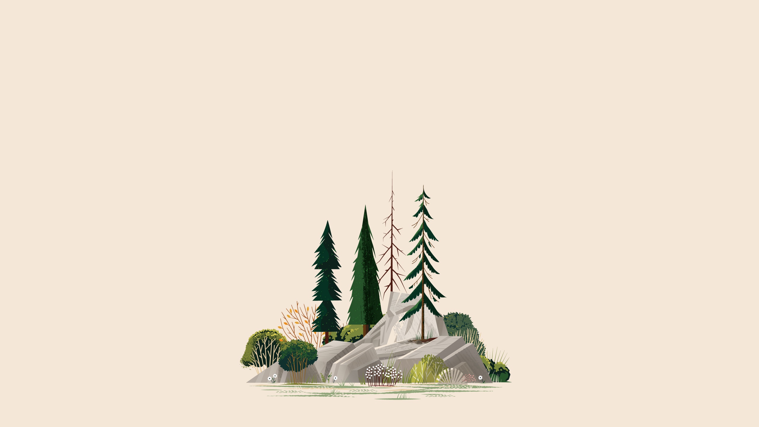 Wallpaper rock, trees, minimalism, illustration, Forest, simple background for mobile and desktop, section минимализм, resolution 2560x1440