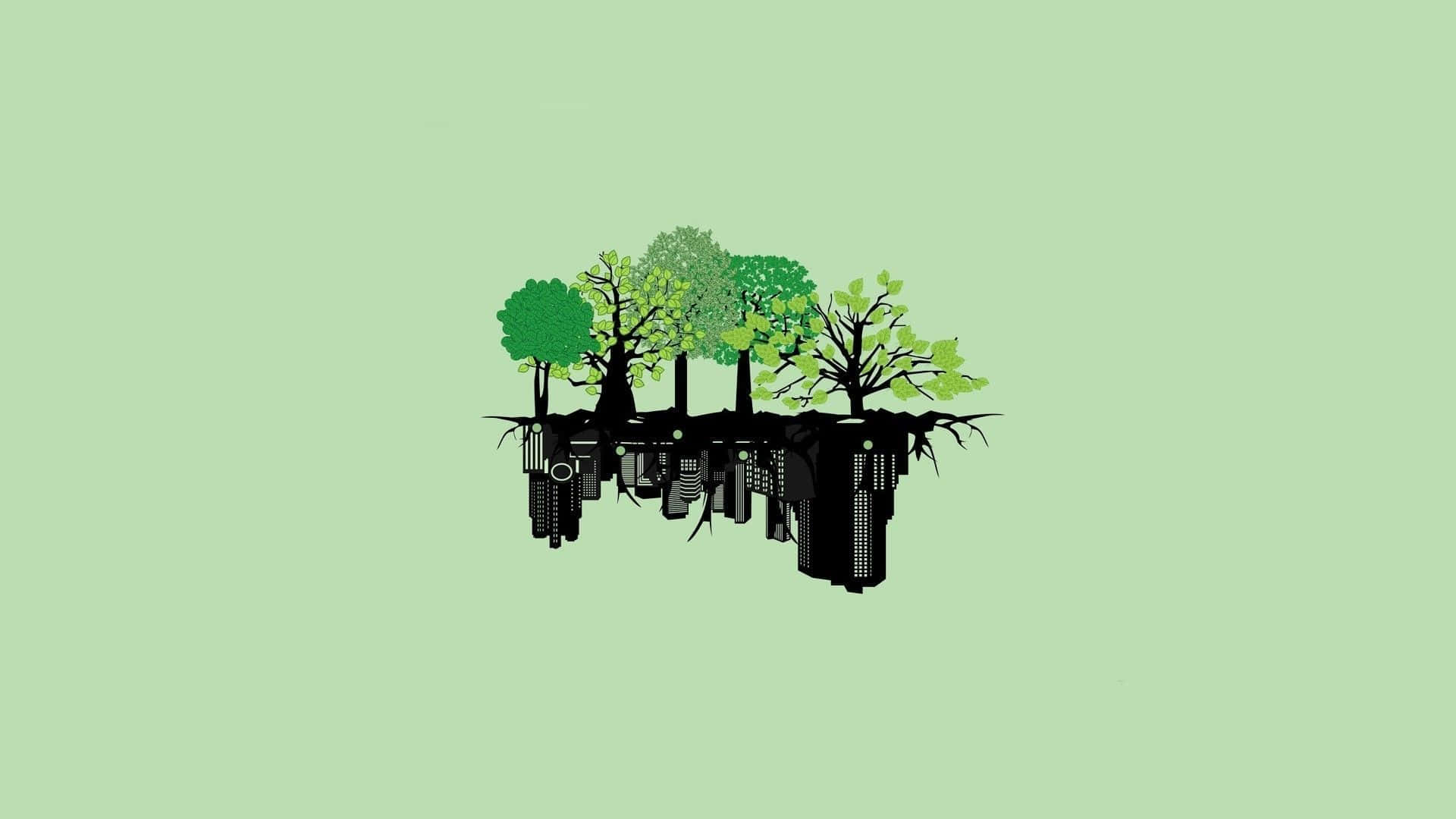 Download Aesthetic Green Minimal Trees With Inverted Buildings Wallpaper