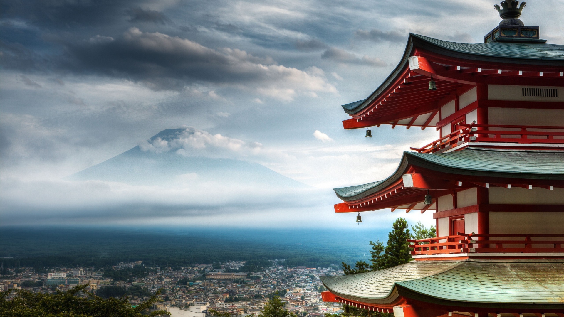 Pagoda in Japan and view of mount Fuji Desktop wallpaper 1920x1080