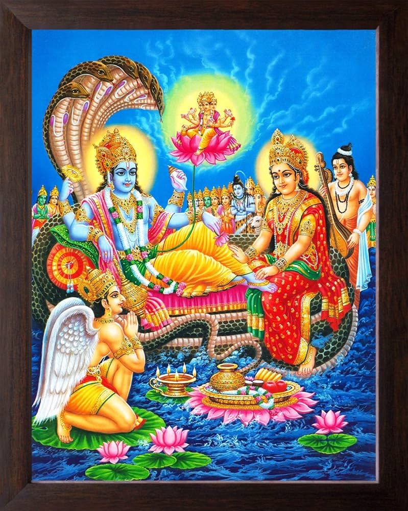 Art n Store: Lord Vishnu Narayan and Goddess Lakshmi with Various God, HD Printed Religious & Wall Decor Poster Painting with Frame 30 X 23.5 X 1.5