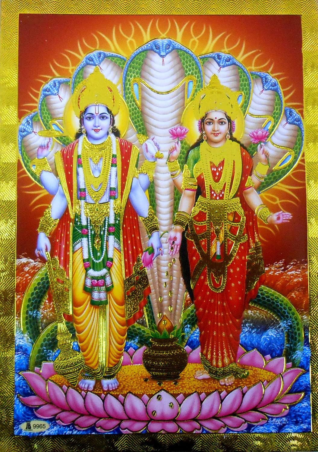 Lord Vishnu and Lakshmi Standing on Lotus Poster Oman