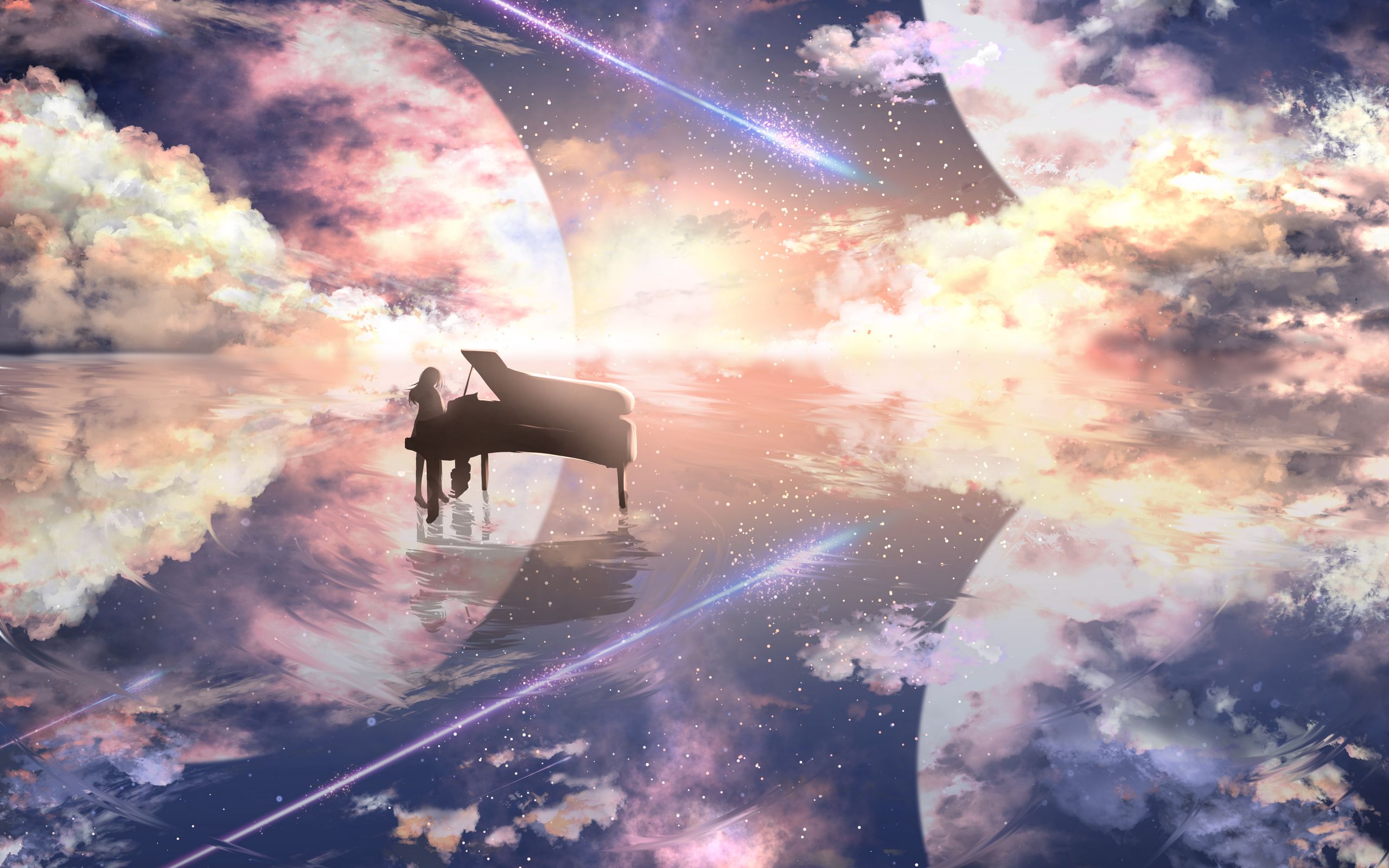Download wallpaper 2560x1600 piano, silhouette, space, illusion, anime widescreen 16:10 HD background