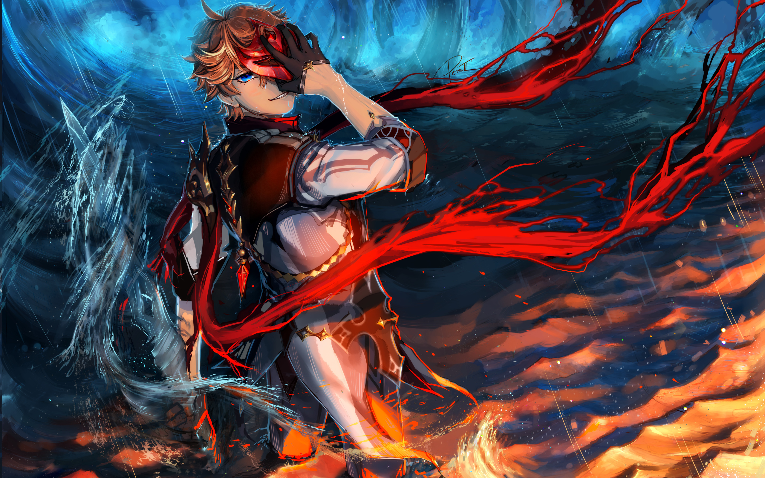 Anime man covered his face with hand in water Desktop wallpaper 2560x1600