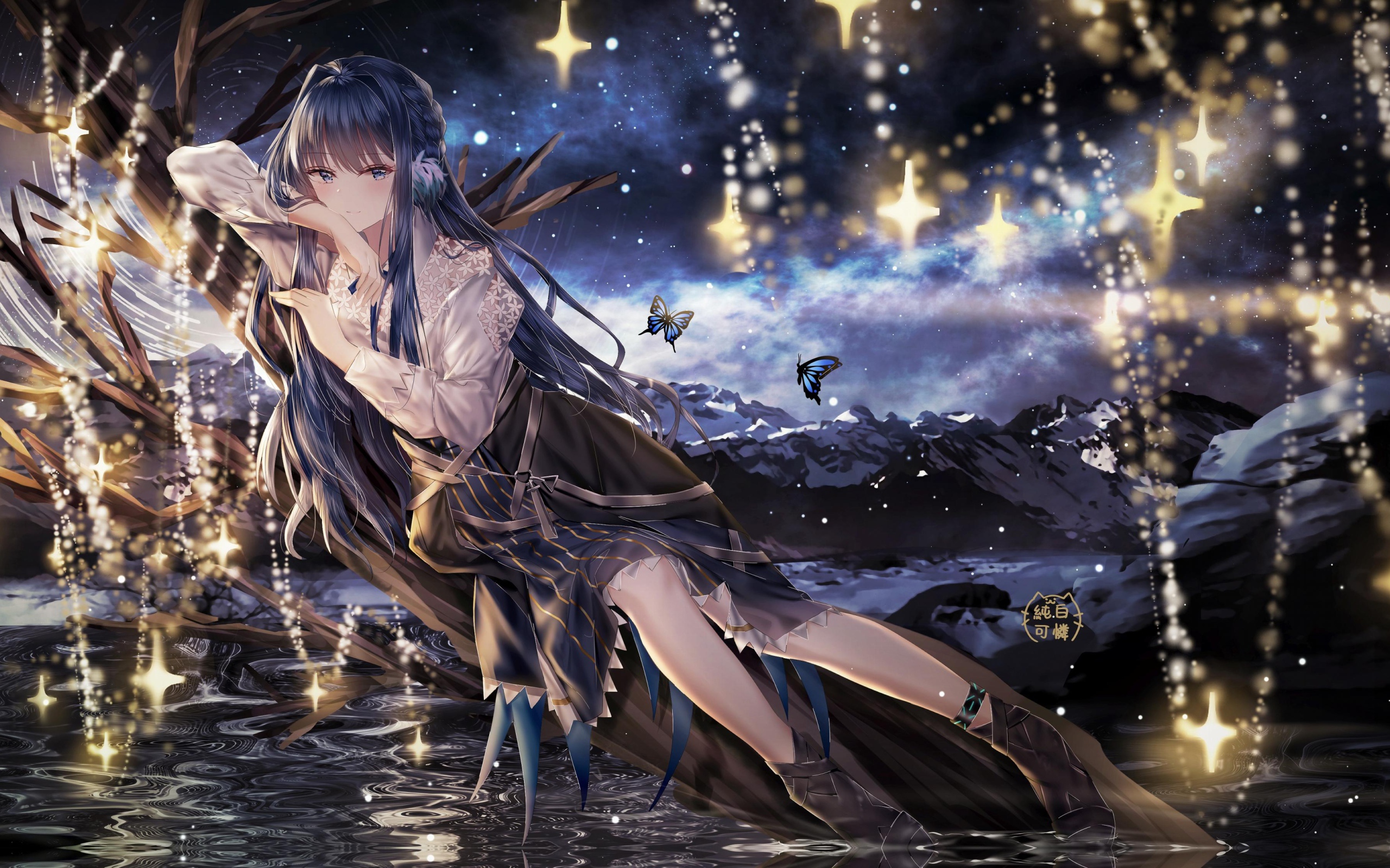 Beautiful anime girl lies on a tree near the water Desktop wallpaper 2560x1600