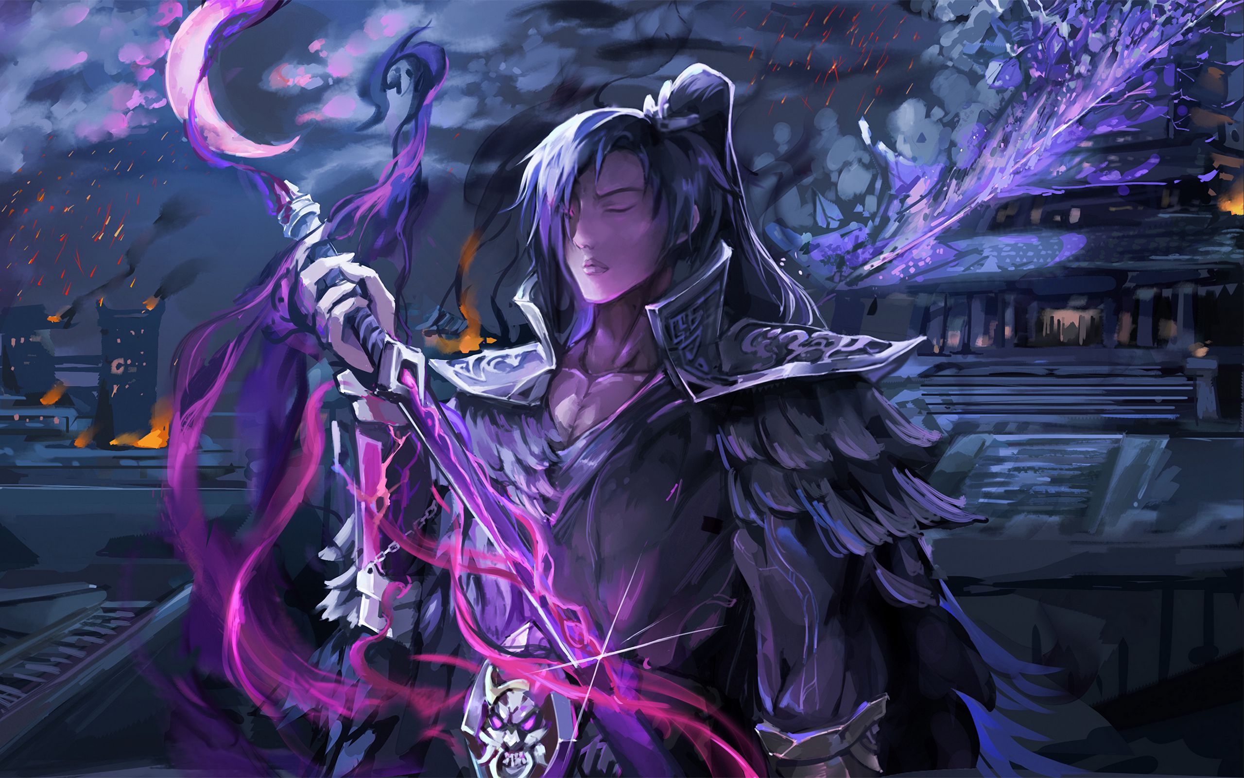 Download wallpaper 2560x1600 samurai, staff, anime, art, purple widescreen 16:10 HD background