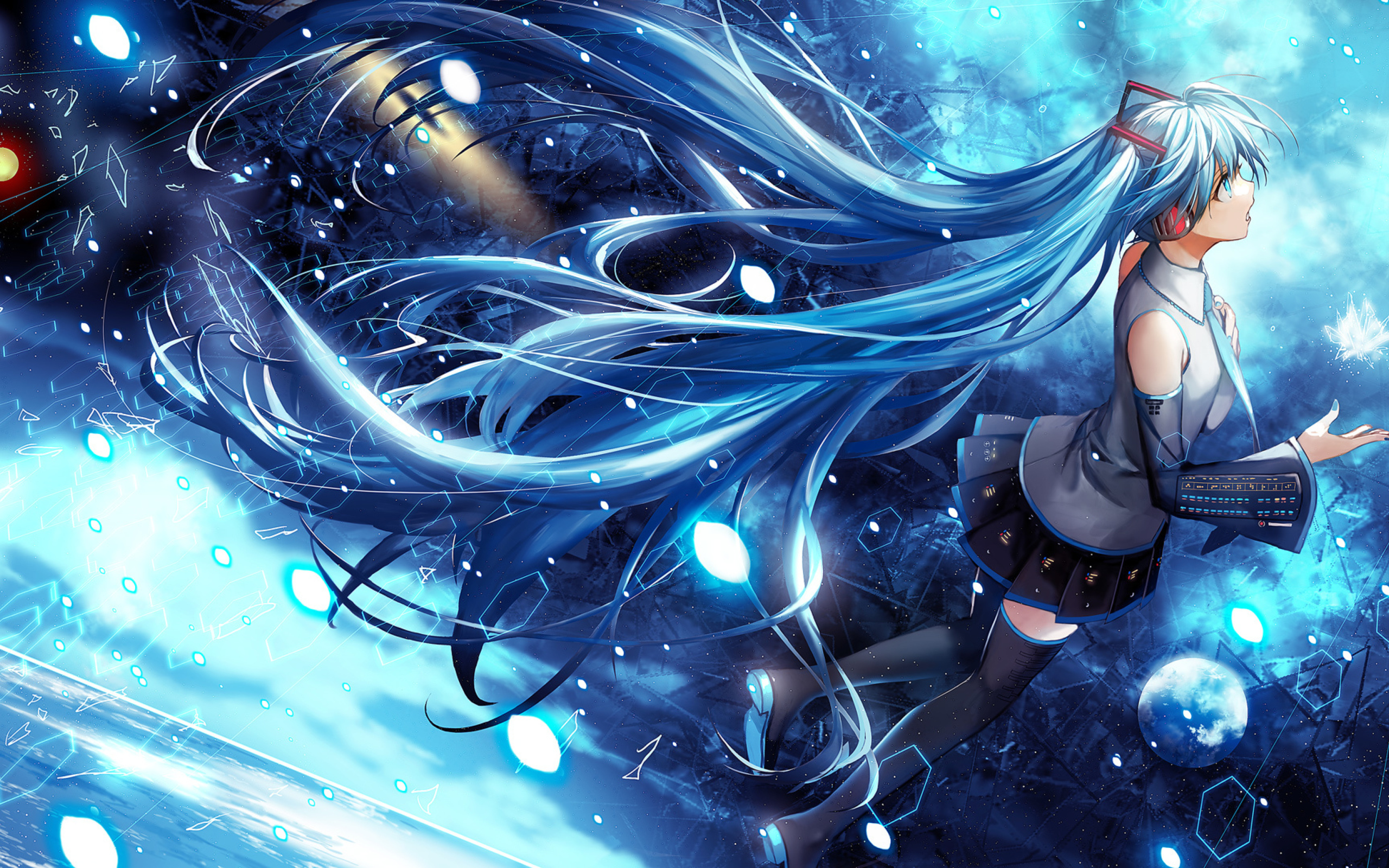 Miku Hatsune anime girl with long blue hair in space Desktop wallpaper 2560x1600