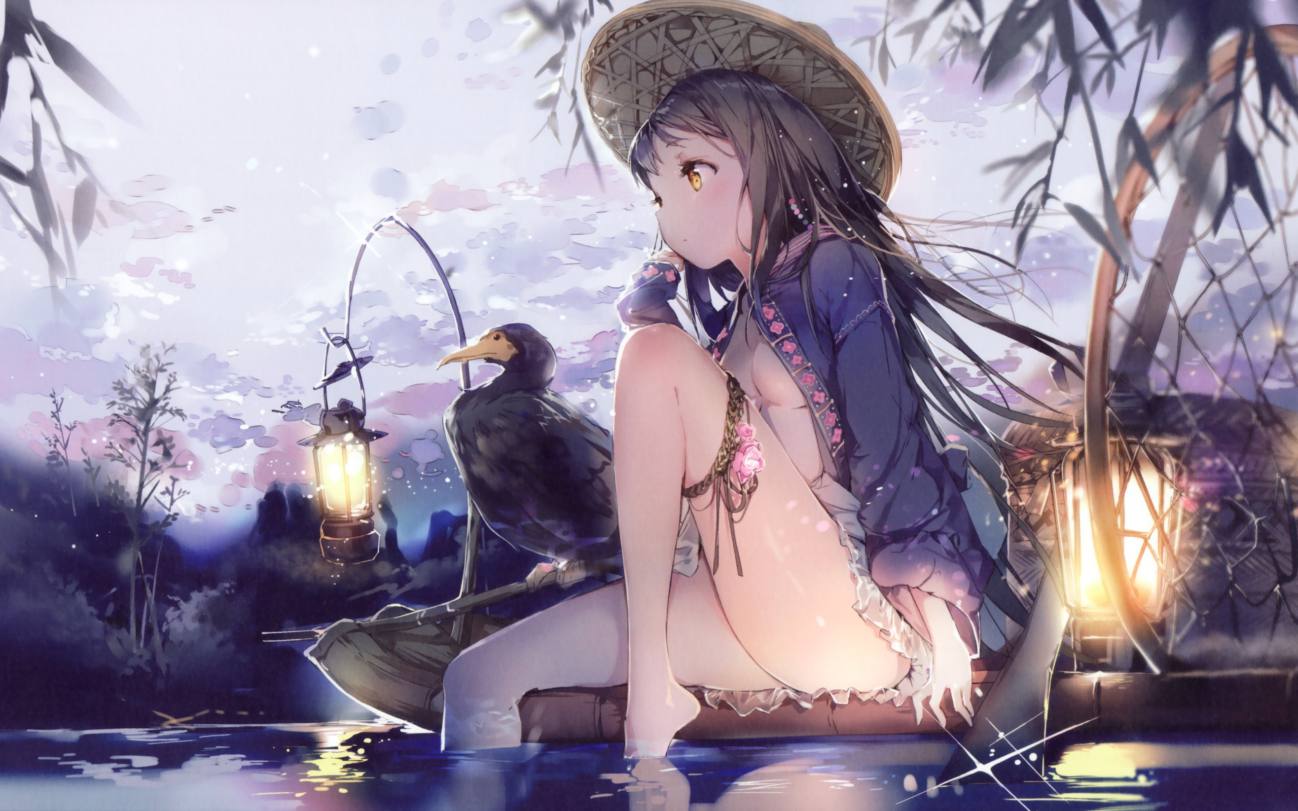 Anime Girl and Duck sitting on a boat Desktop wallpaper 2560x1600