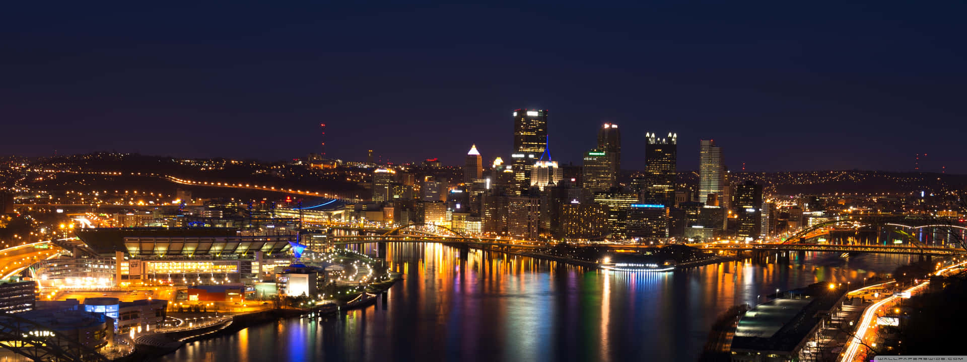Download Nighttime Pittsburgh Skyline Ohio River Entryway Wallpaper