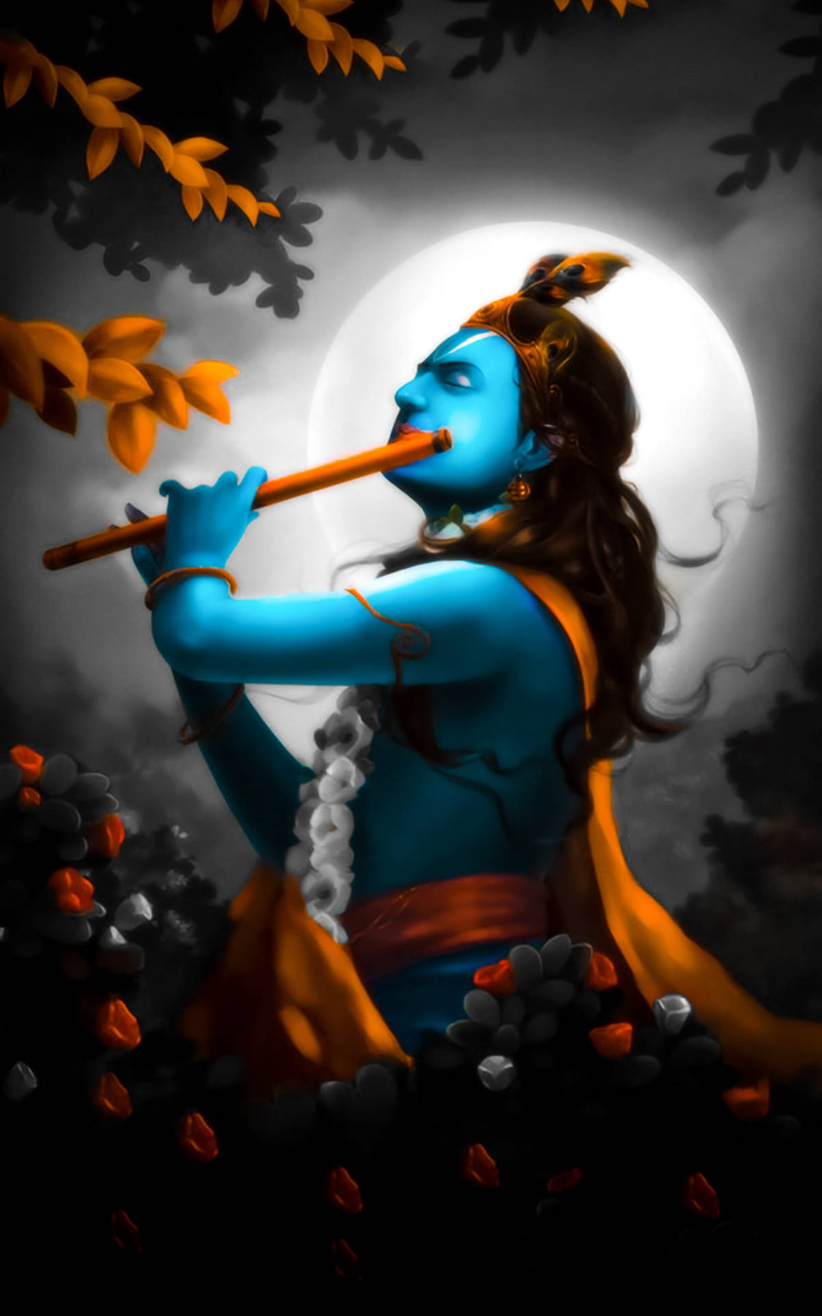 Download Krishna In Moonlight With Flute Wallpaper