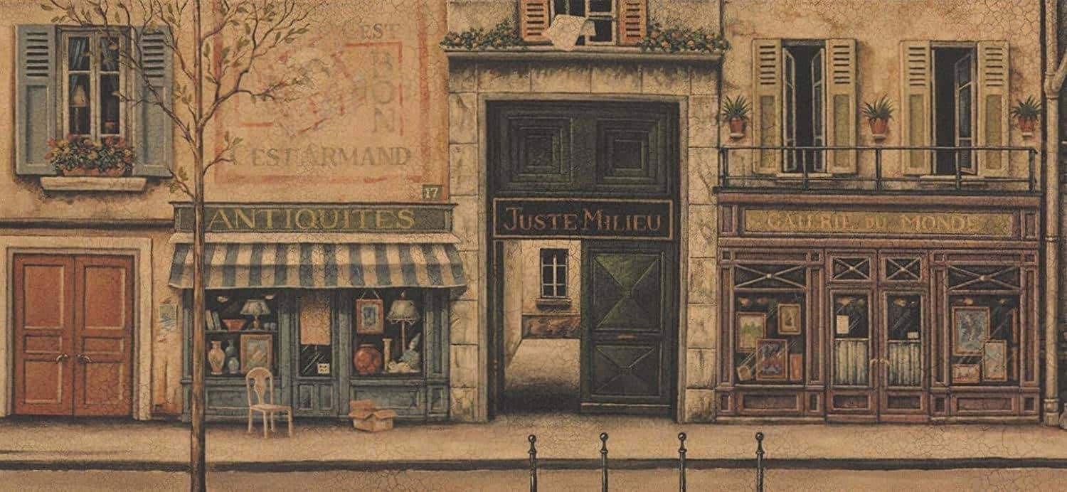 Download A Painting Of A Street Scene With Shops And A Street Sign Wallpaper