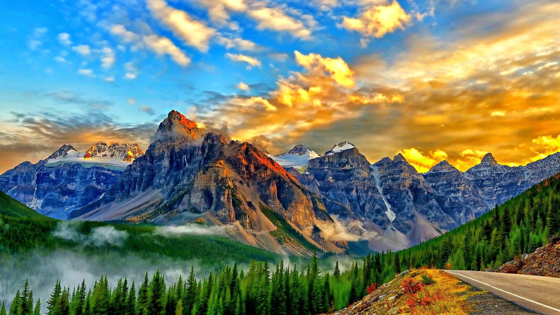 Golden Sky Landscape Wallpaper Path Rocky Mountains Forest