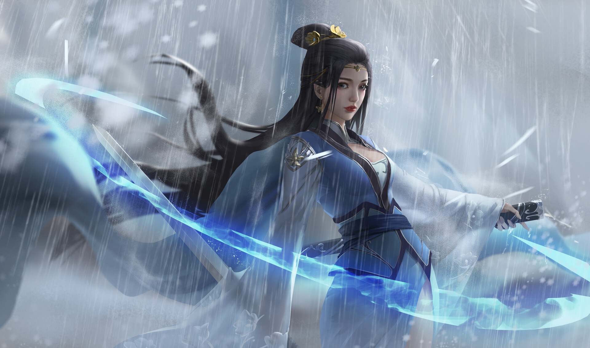 Wallpaper Girl, Rain, Asian, Girl, Sword, Dress, China, Fantasy for mobile and desktop, section арт, resolution 1920x1133