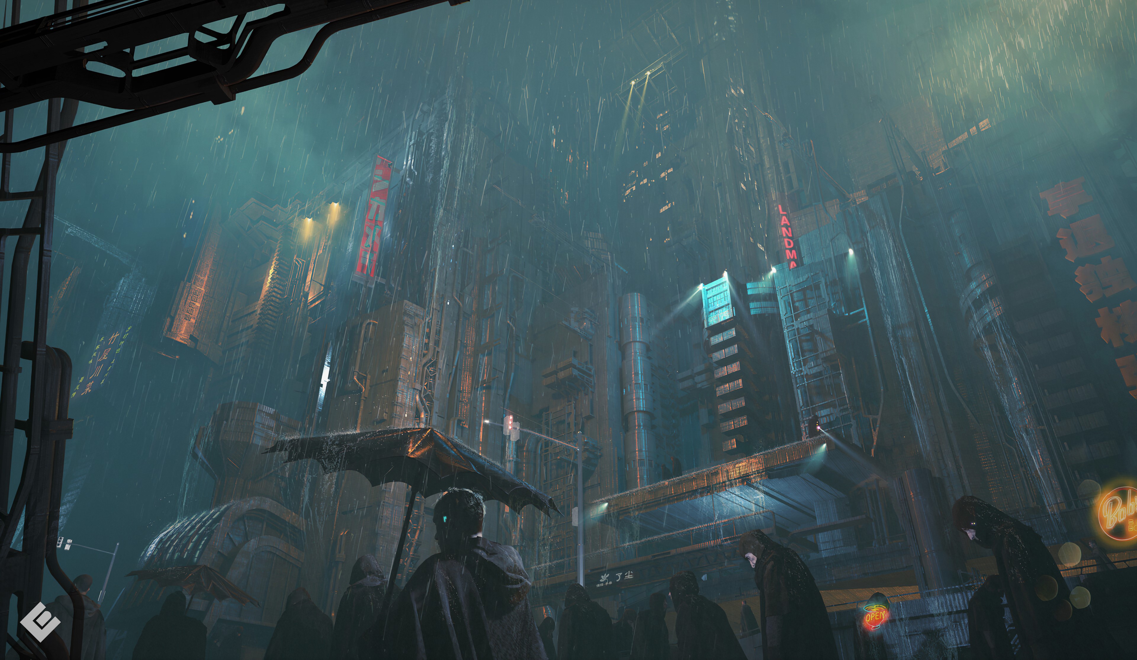 Wallpaper city, dark, fantasy, rain, umbrella, science fiction, people, sci- fi for mobile and desktop, section фантастика, resolution 3840x2230