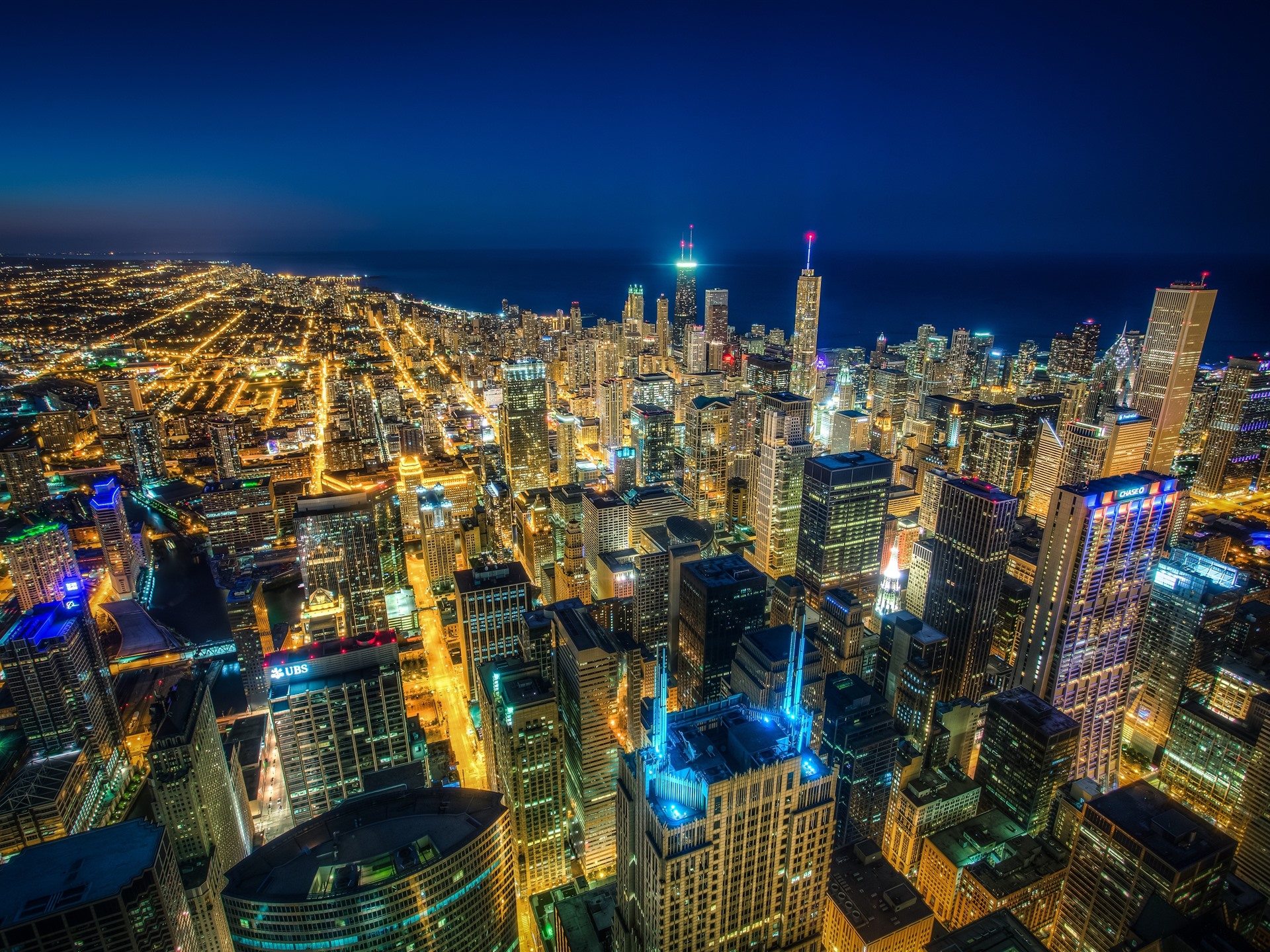 Wallpaper Chicago, city at night, top view, skyscrapers, lights, sea, USA 3840x2160 UHD 4K Picture, Image
