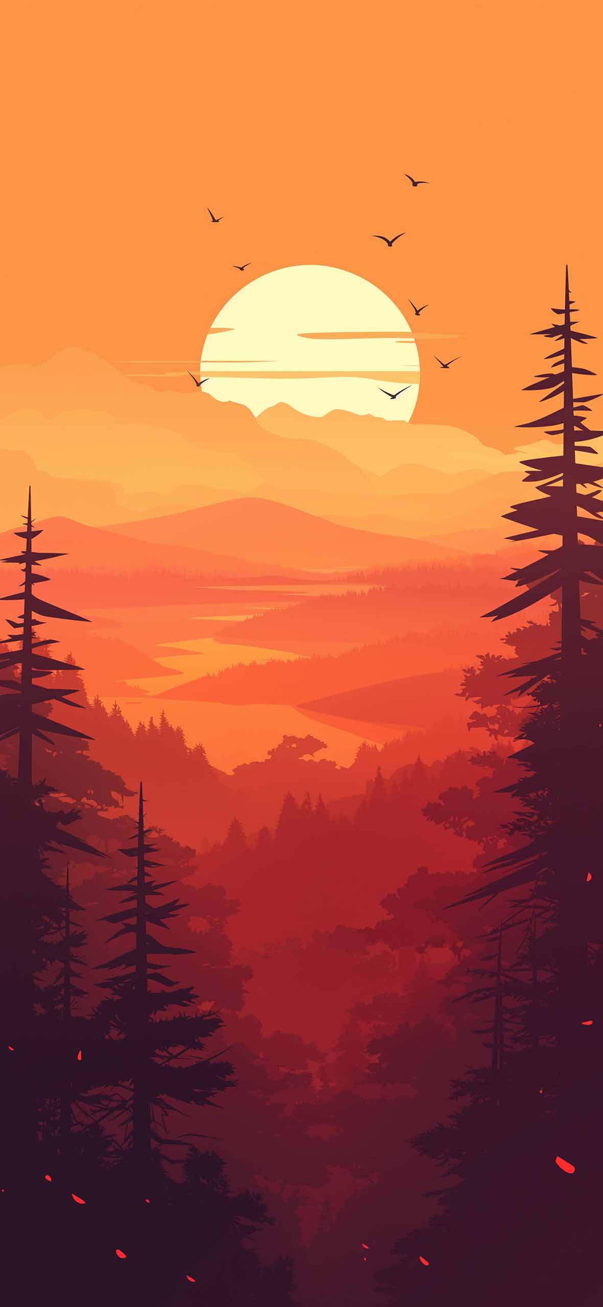 Minimalist Sunset Forest Orange Wallpaper