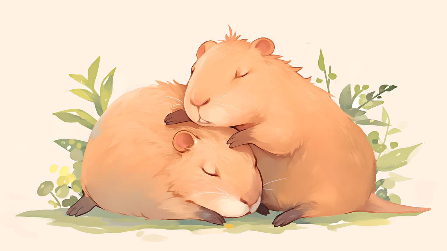 Cute Capybaras Napping in Nature Desktop Wallpaper