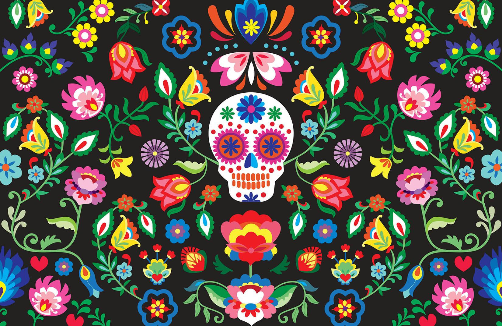 Download White Mexican Skull And Flowers Wallpaper