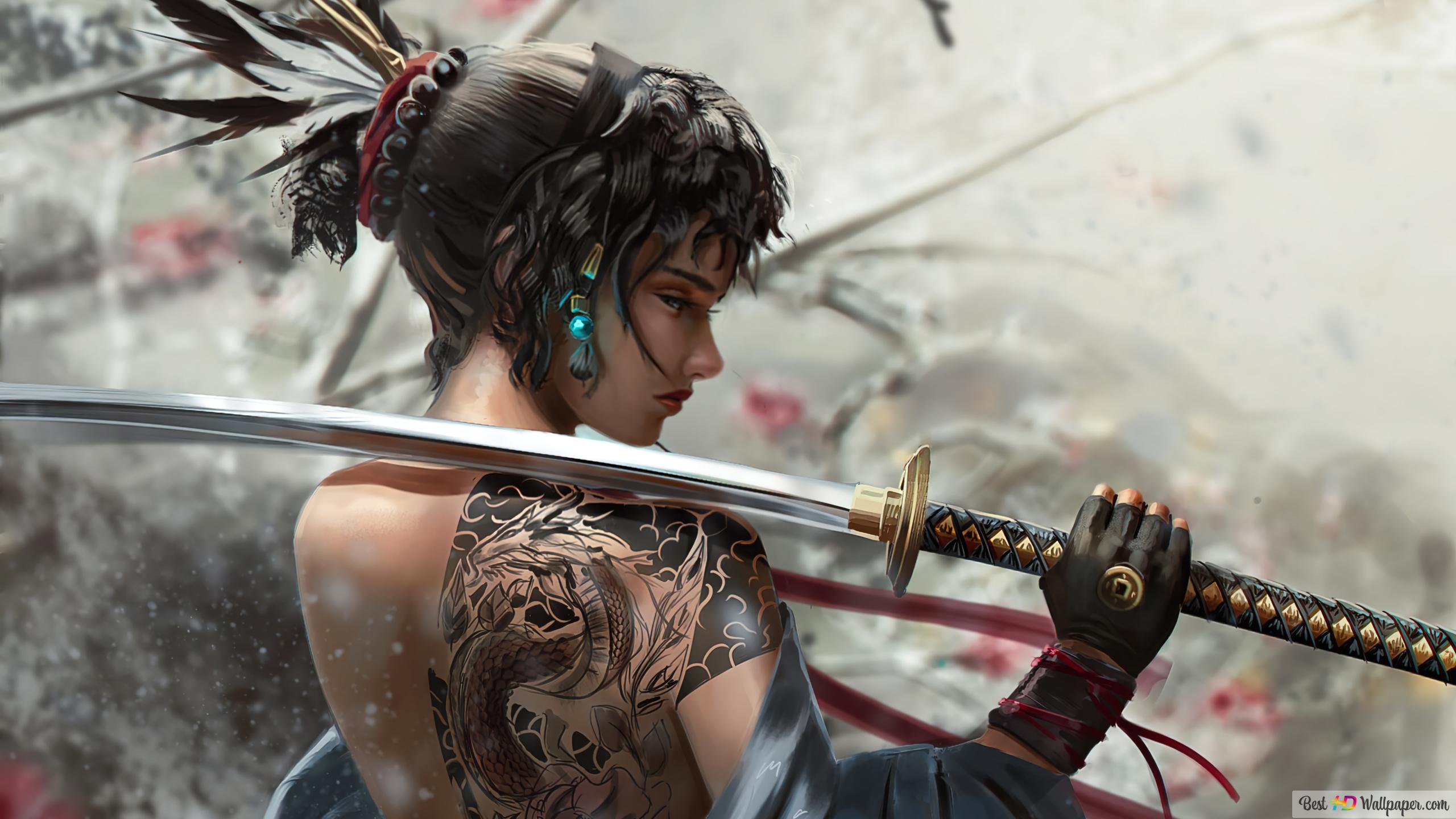 Samurai Girl Tattoo Katana 4K wallpaper download