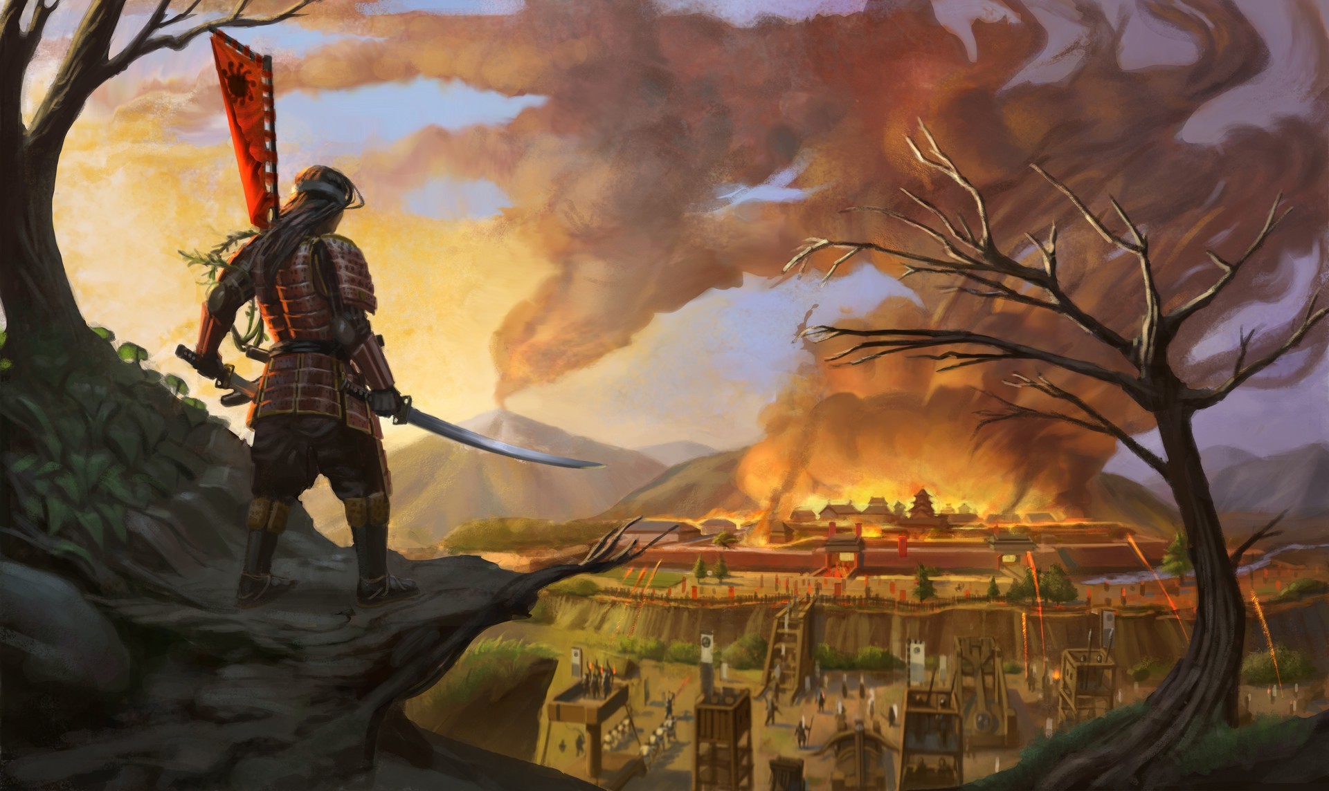 artwork, Samurai, Sword, Katana, City, Fire, Fantasy Art Wallpaper HD / Desktop and Mobile Background