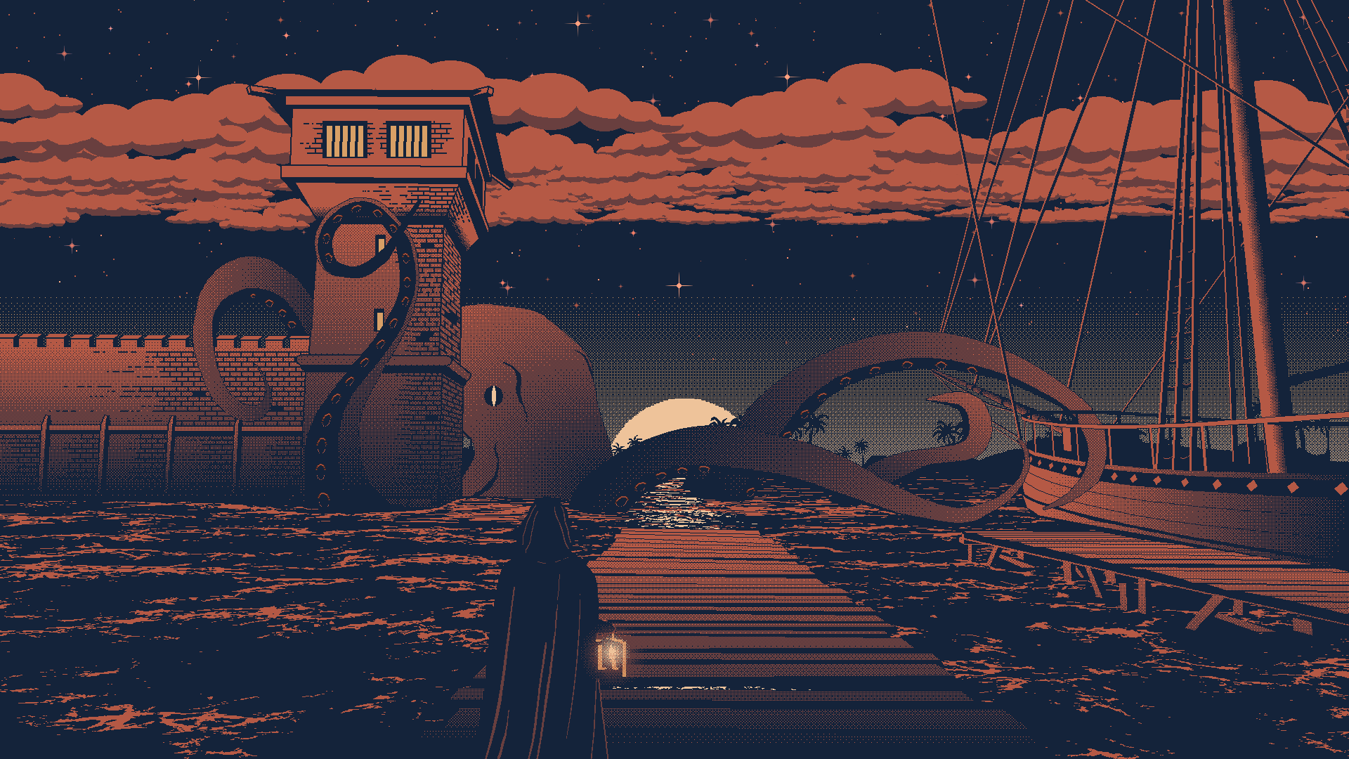 HD Pixel Art Dreamscape: Artistic Night Harbor Vista
