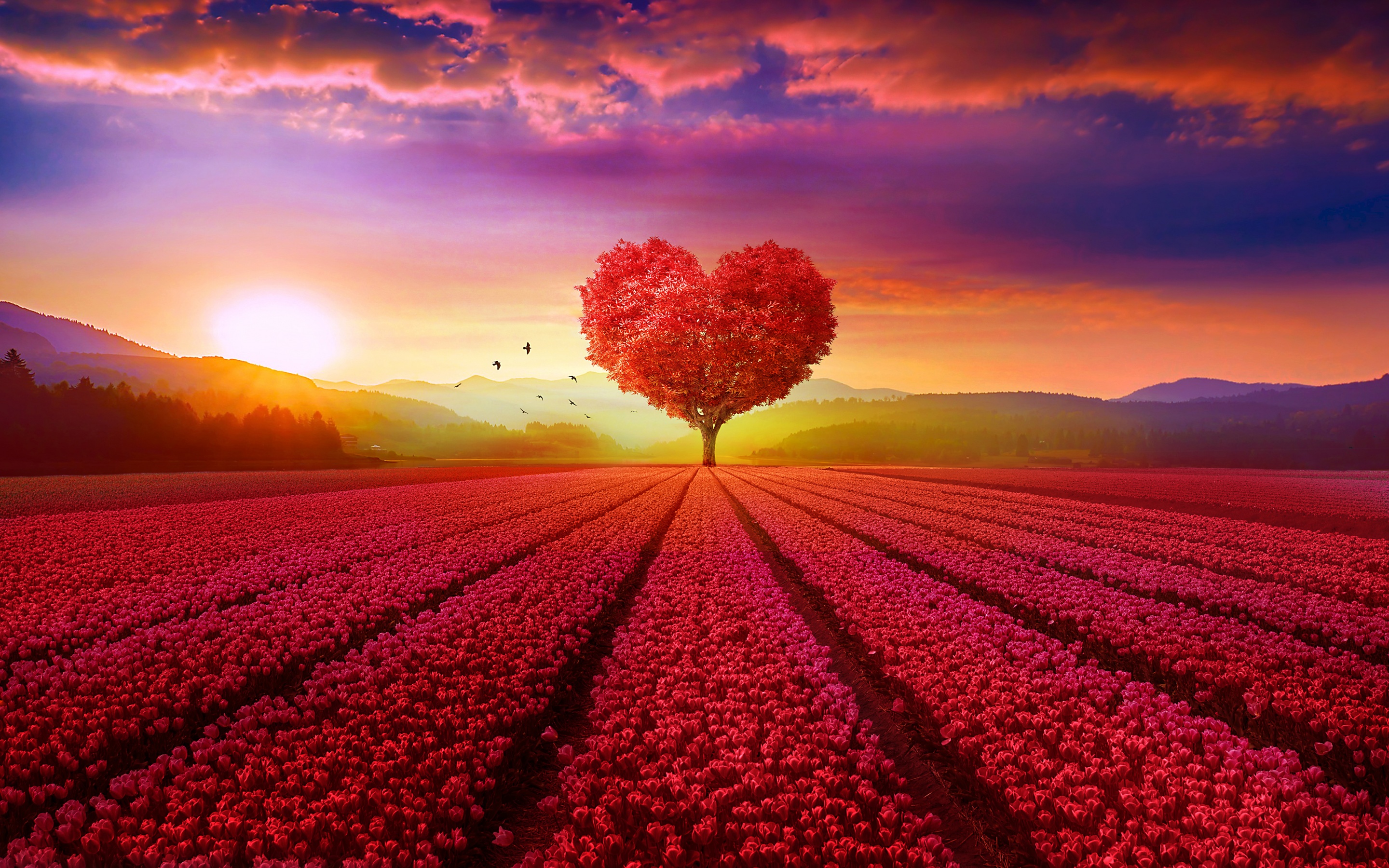 Heart tree Wallpaper 4K, Flower garden, Red flowers
