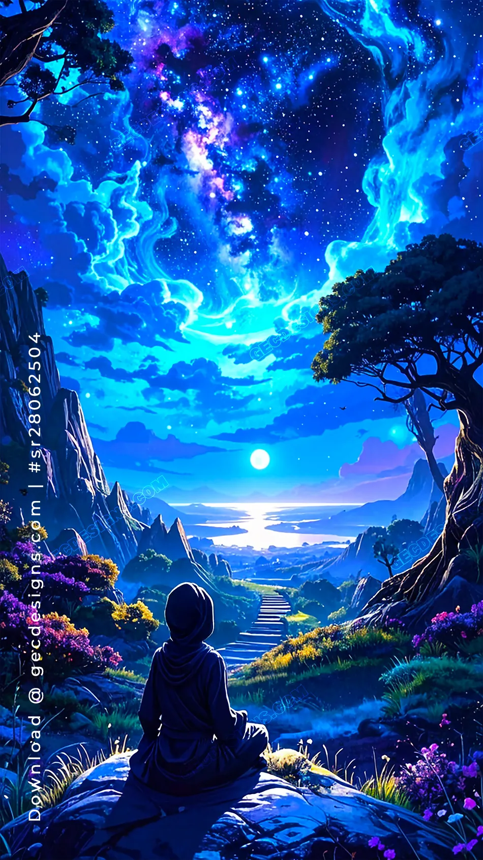 Spiritual Meditation mobile Wallpaper, Hooded Figure Under Glowing Galaxy Sky and Moonlit Fantasy Valley