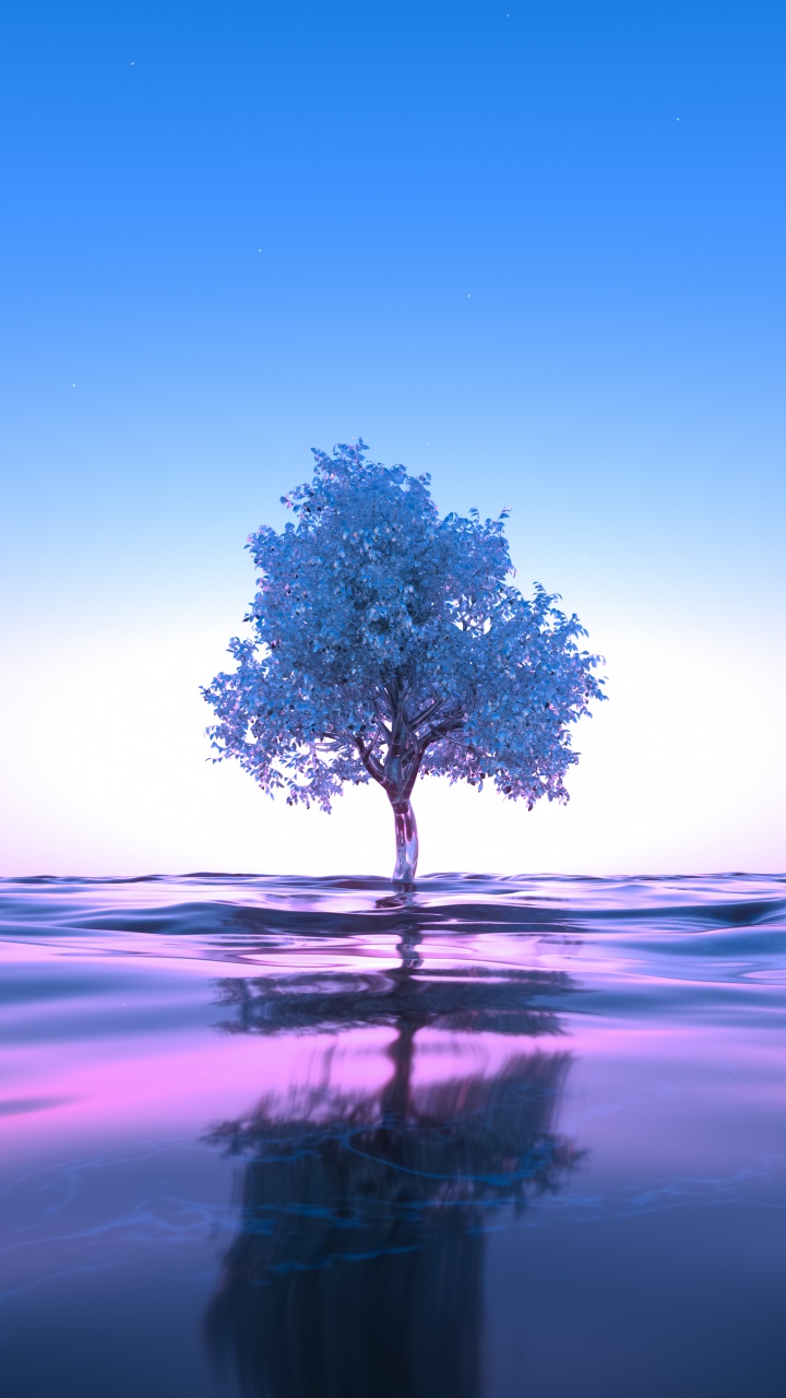 Tree Wallpaper 4K, Neon, Body of Water, Reflection
