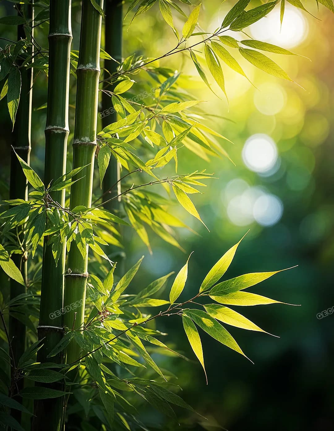 Bamboo plant with leaves, glowing sun rays background, Nature mobile wallpaper