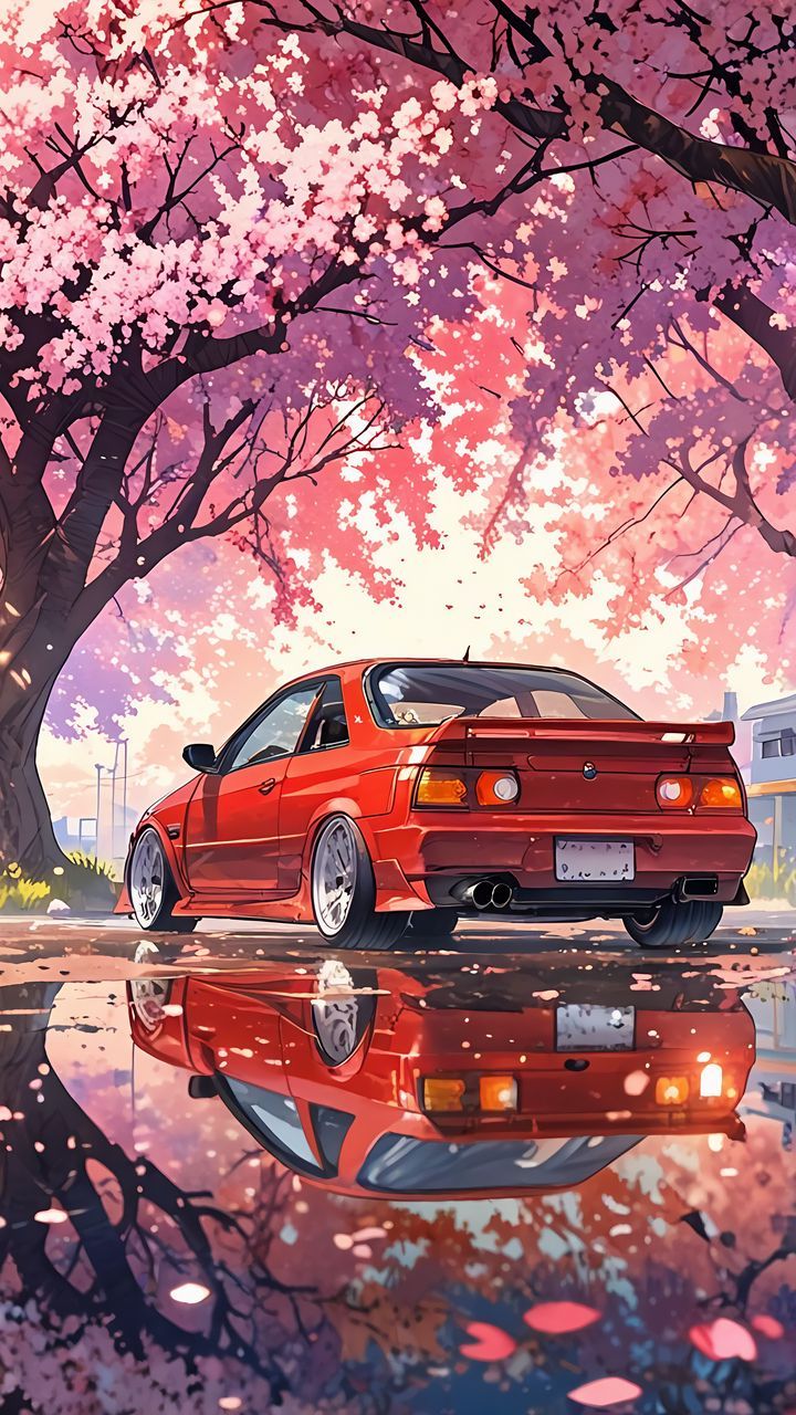 free wallpaper 4K машина, дерево, лужа for mobile and desktop