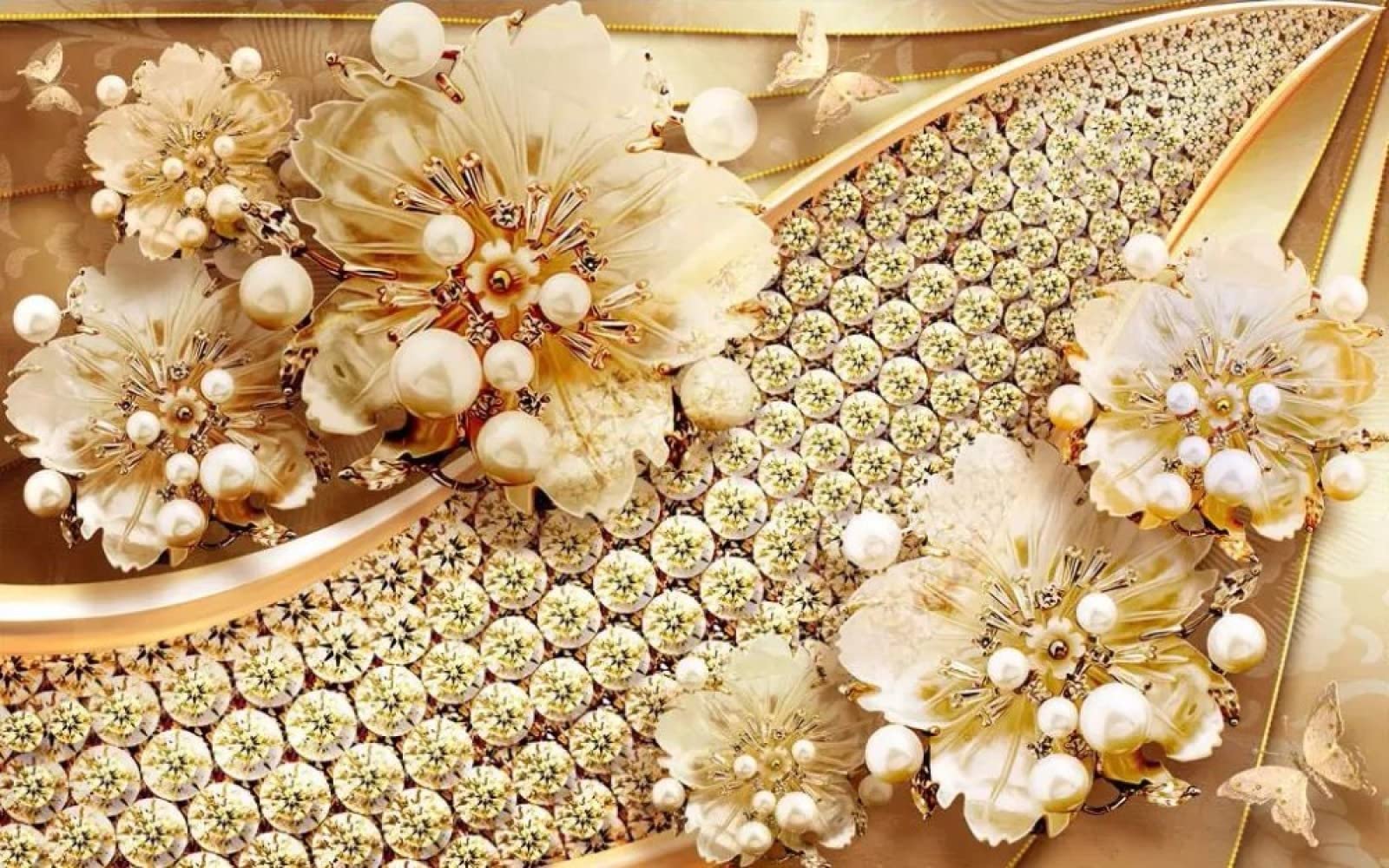 3D Three Dimensional Diamond Embossed Gold Jewelry Flower European Style Wallpaper 3D Wall Murals, TV Background Wall Living Room And Bedroom Large Wallpaper Wall Mural, 78.7W X55.1 H