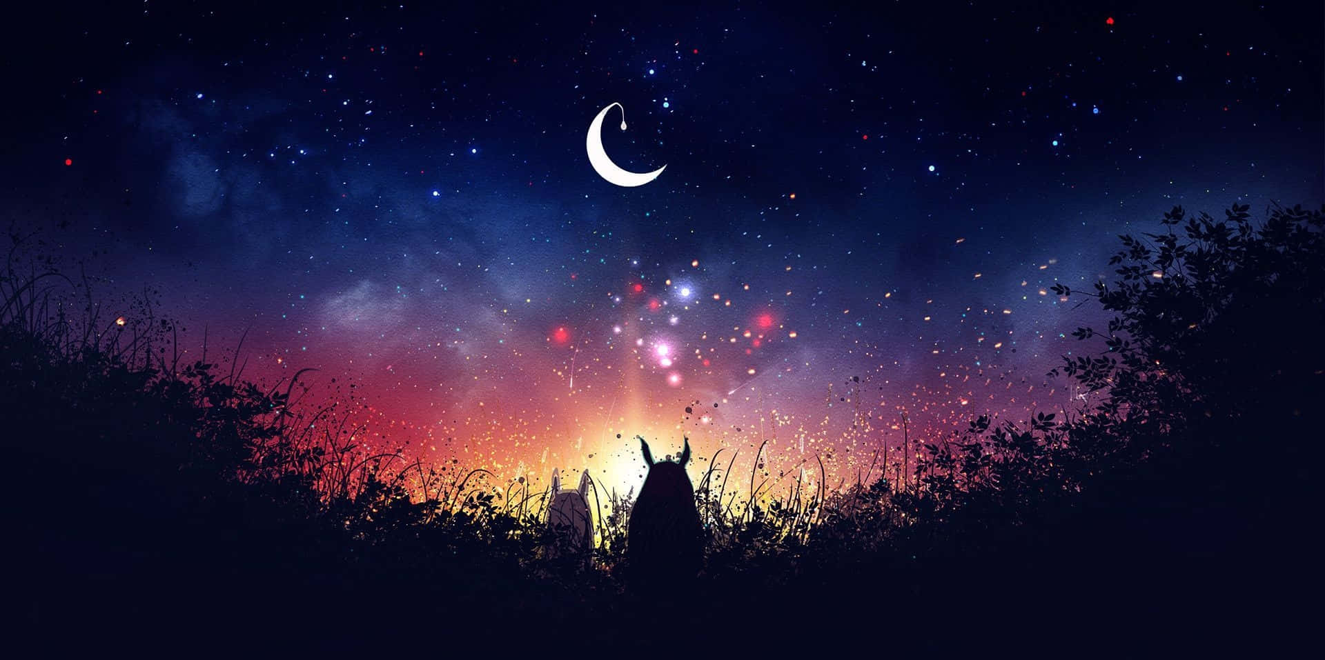 Download Magical Night Sky With Crescent Moon And Glowing Stars Wallpaper