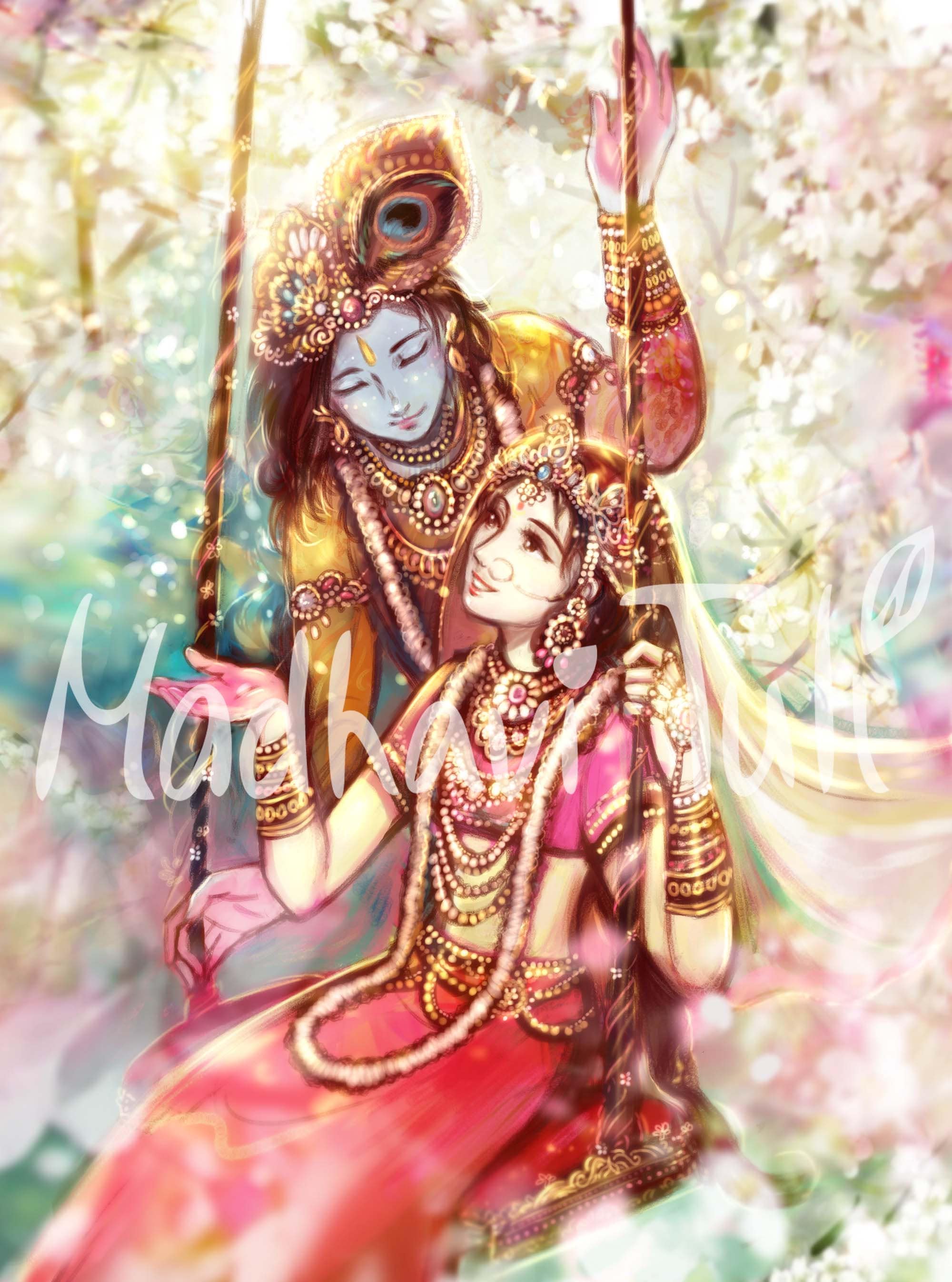 HD File Shri Krishna with Shri Radha, Radha Krishna, in beautiful garden, 4k High quality wallpaper Bhakti Yoga Hindu Gift Indian Gods